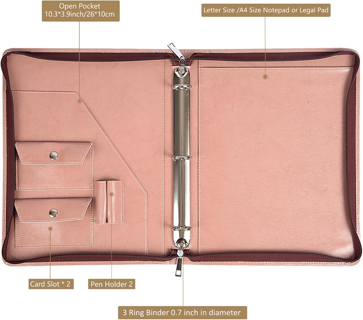 AZXCG 3 Ring Binder Padfolio, Vegan Leather Zippered Portfolio with A4/Letter Size Notepad Holder, Business Resume Work Organizer Folio, Leather Document Folder, Gift for Women, Pink