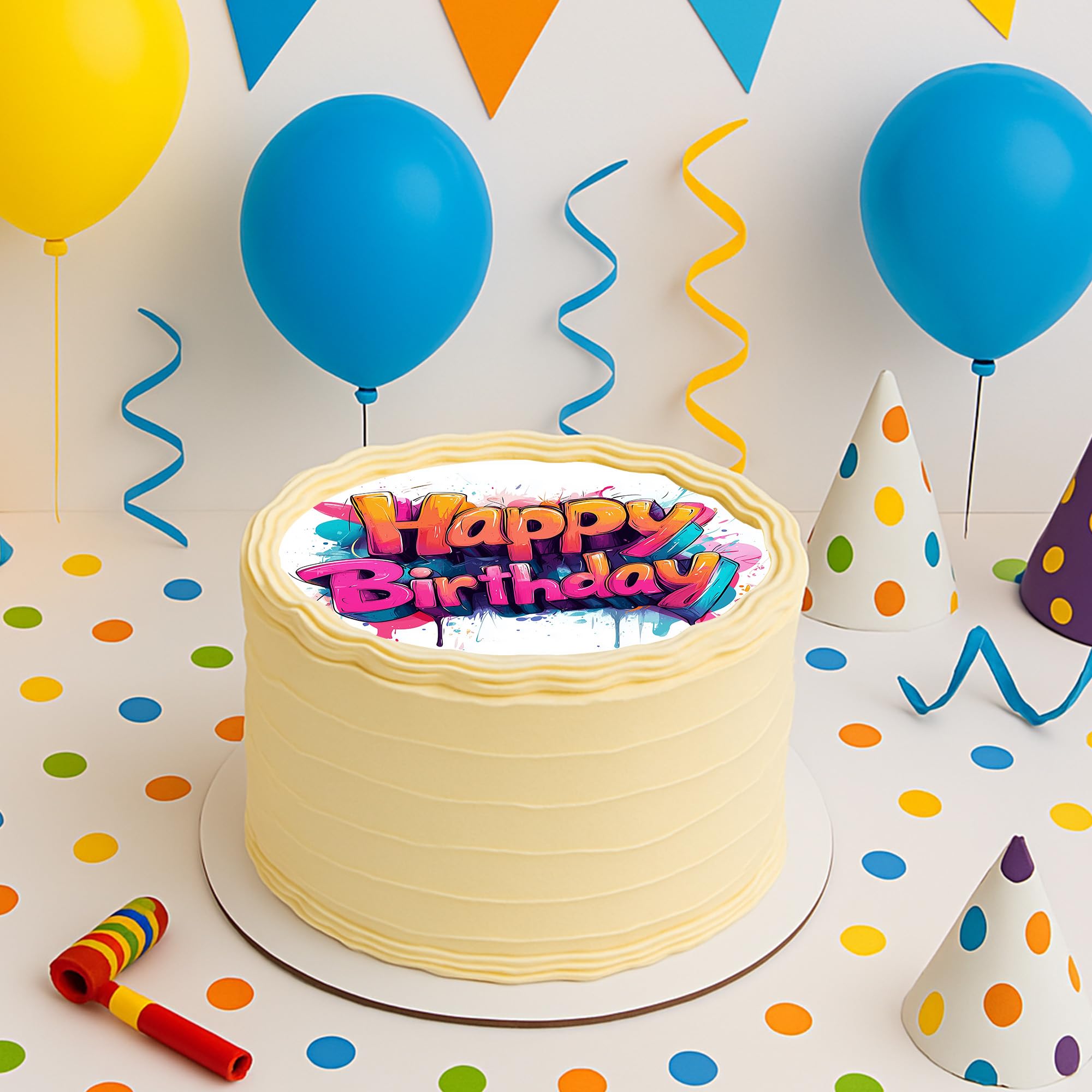 J&M DECO Opłatek na tort Happy Birthday Ø20 cm – jadalna dekoracja urodzinowa z napisem – topper urodzinowy dla dzieci i dorosłych – bezglutenowy i wegański