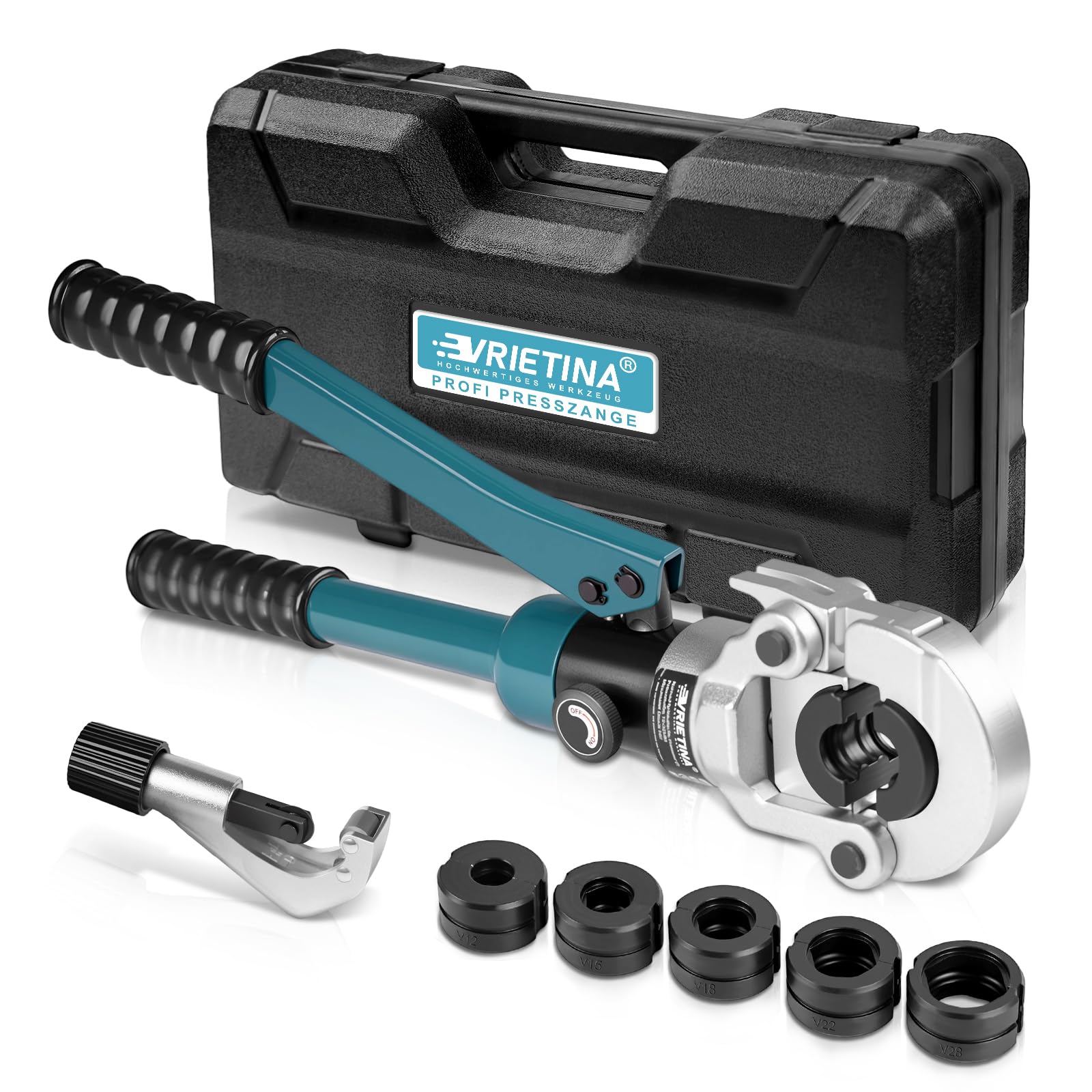 Profi Presszange Kupferrohr V-Kontur mit Rohrabschneider | Handpresszange Kupferrohr Presszange Verbundrohr mit V12 V15 V18 V22 V28 für Kupferrohr Und Verbundrohr
