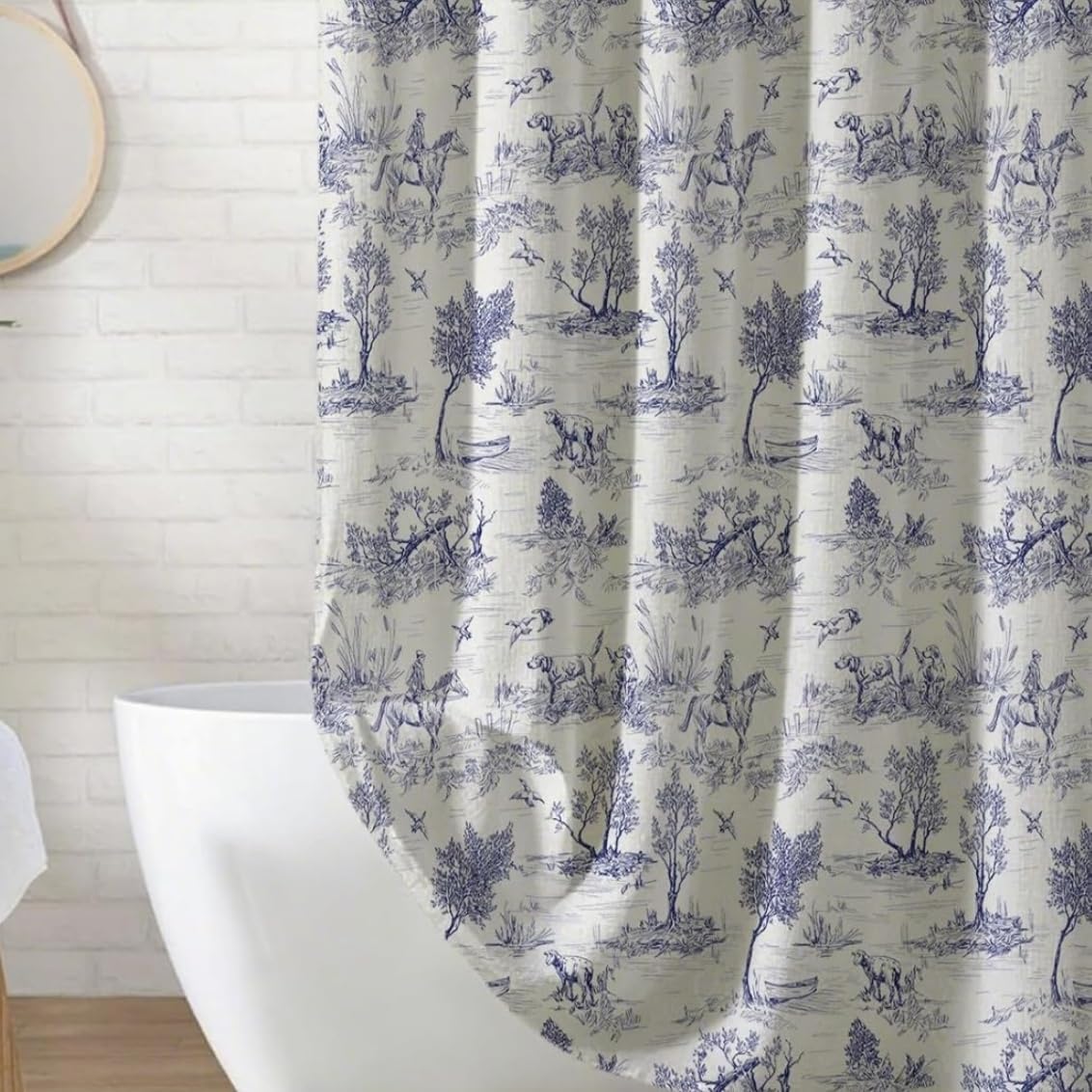 MUGINYU French Toile de Jouy Shower Curtain Linen 72x72 - Blue Countryside Landscape with Sheep, Dogs, Trees, Farmhouse Bath Decor
