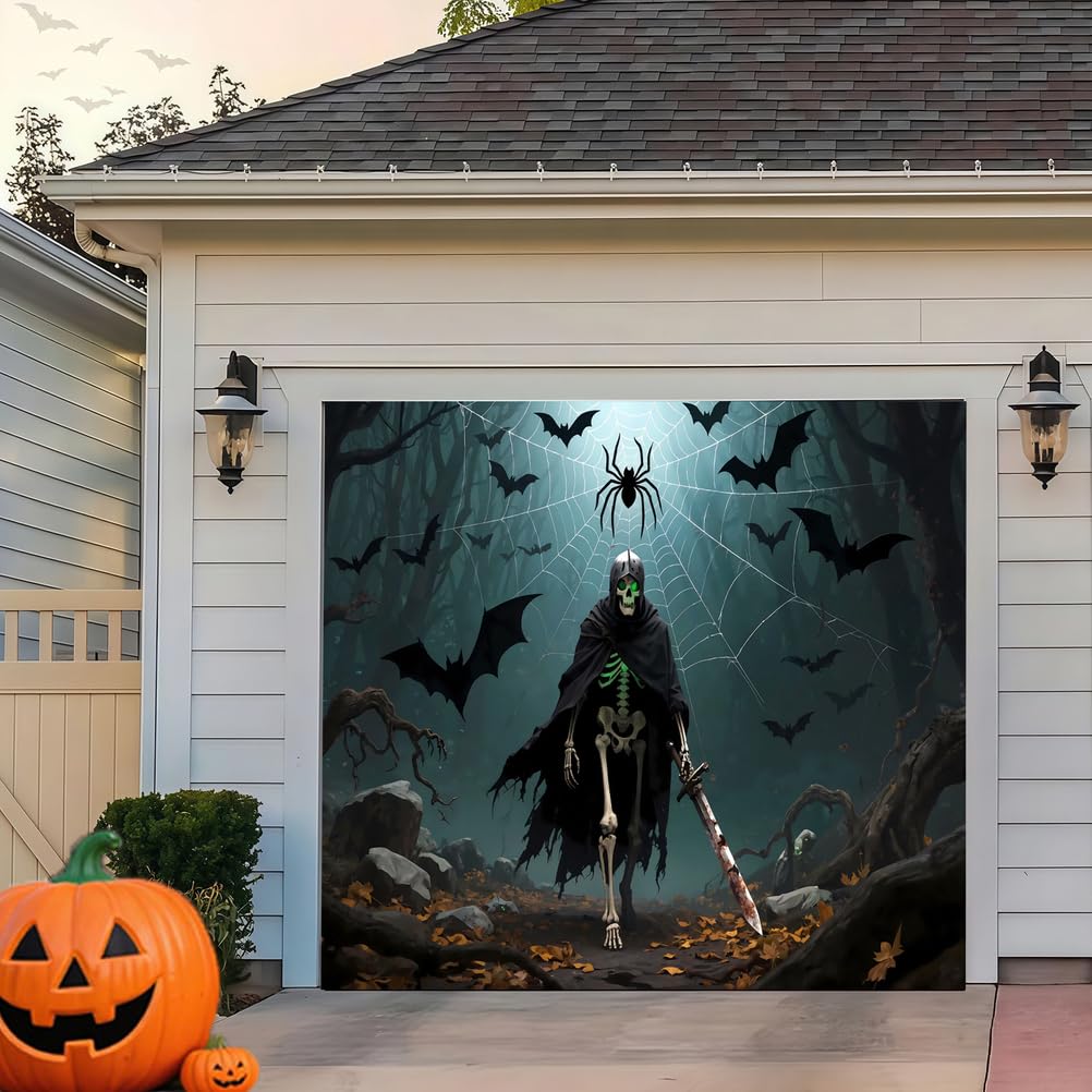 Zfflyh Skull Swordsman Halloween Garage Door Cover Decorations Banner, Large Halloween Hanging Backdrop Door Cover Wall Decorations For Outdoor Holiday Decorations,,8 * 7