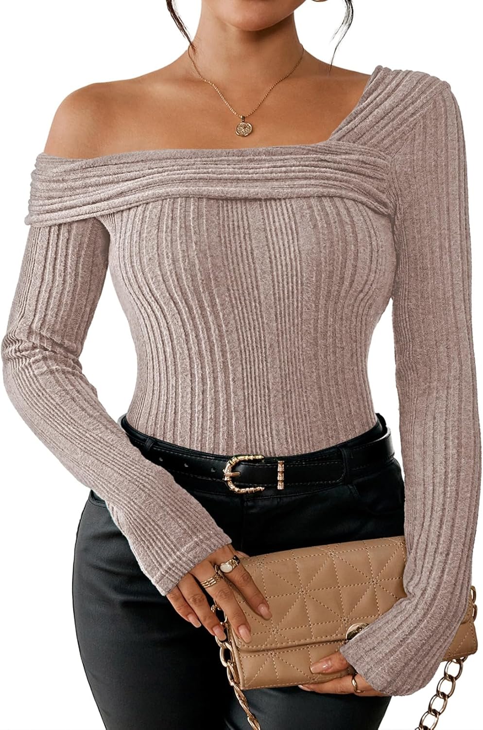 Viottiset Womens Fashion Off The Shoulder Tops Long Sleeve Knit Shirt Drop Shoulder Sweater Top - Image 2