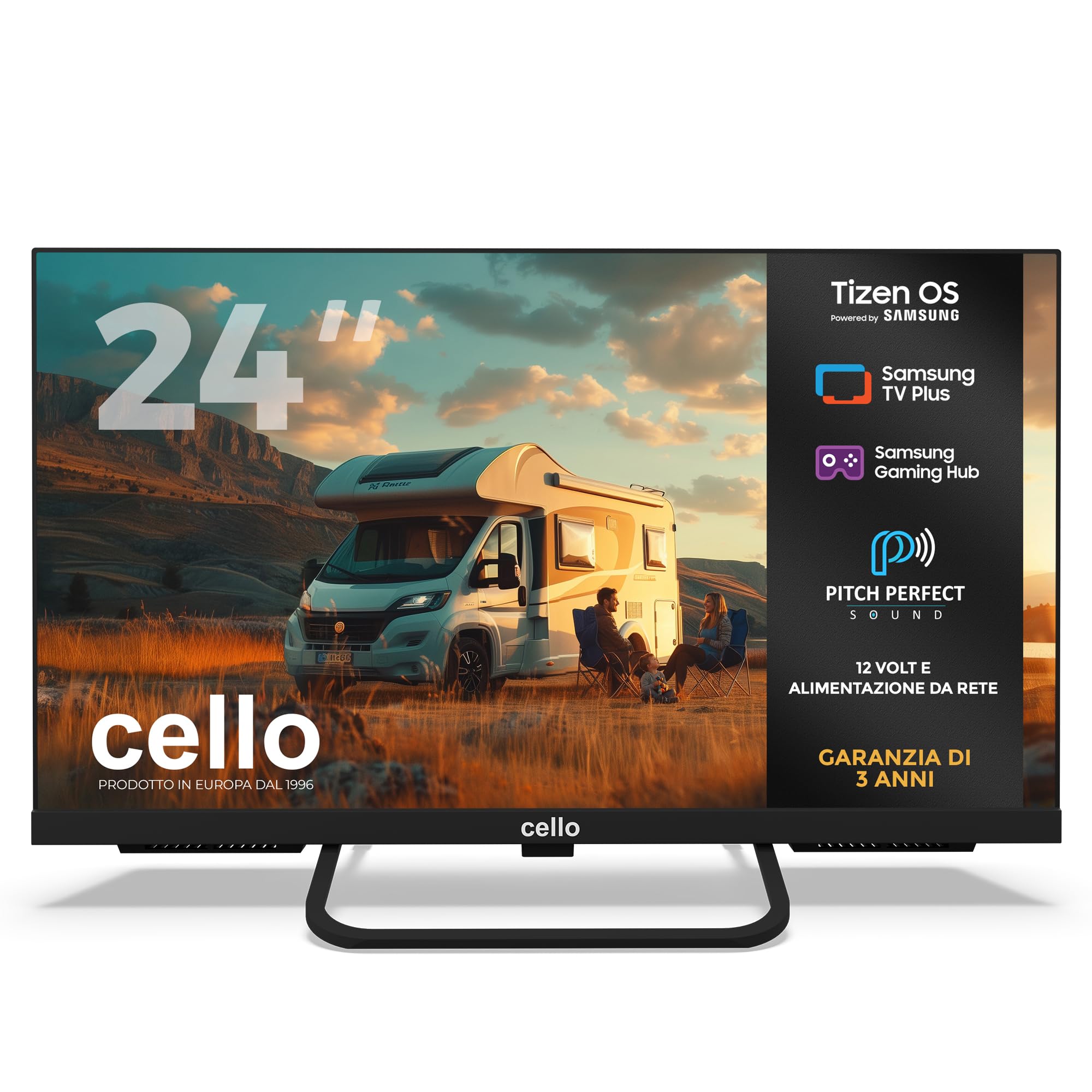 Cello CTRAV-24TZ Smart TV LED 24" 12V per camper e campeggio, Tizen OS di Samsung, Gaming Hub, altoparlanti Pitch Perfect, Bluetooth, triplo sintonizzatore