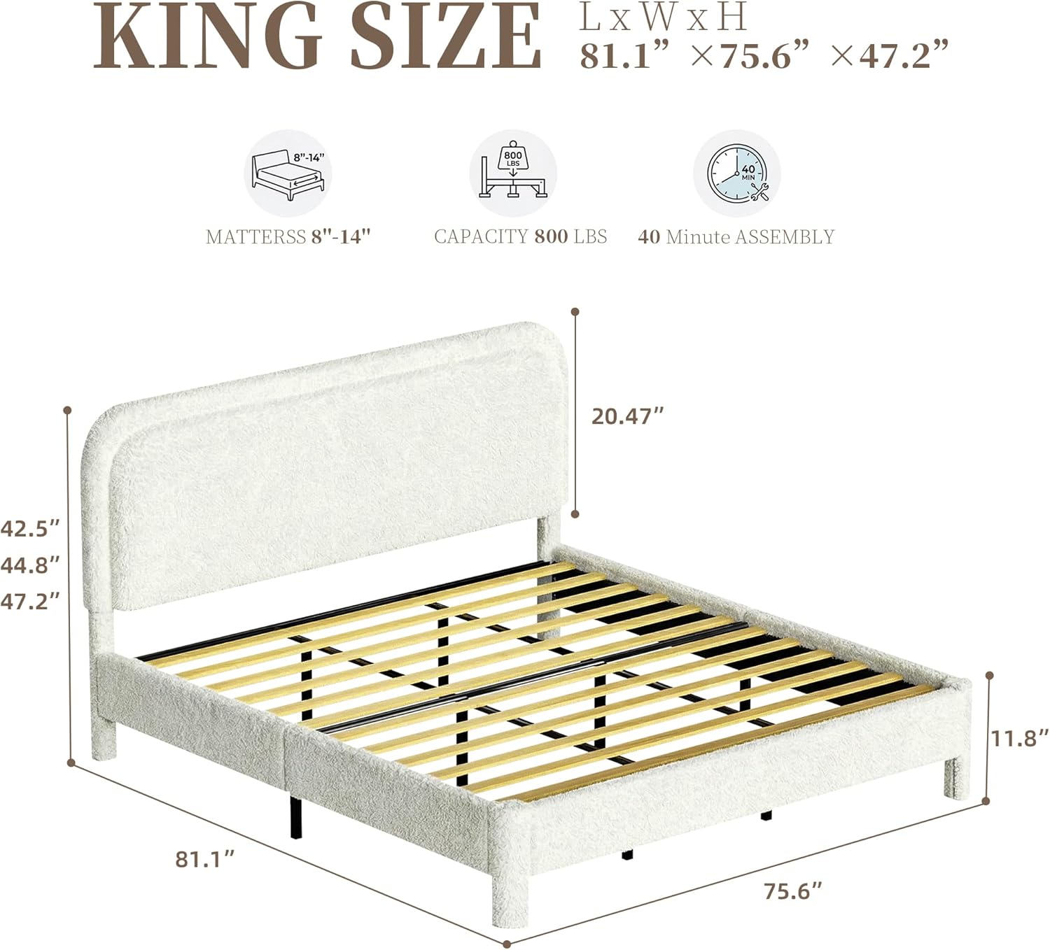 King Size Cloud Bed with Curved Adjustable Headboard, Upholstered Platform Boucle Bed with Sturdy Wooden Slat Support, No Box Spring Needed, Easy Assembly, Cream White