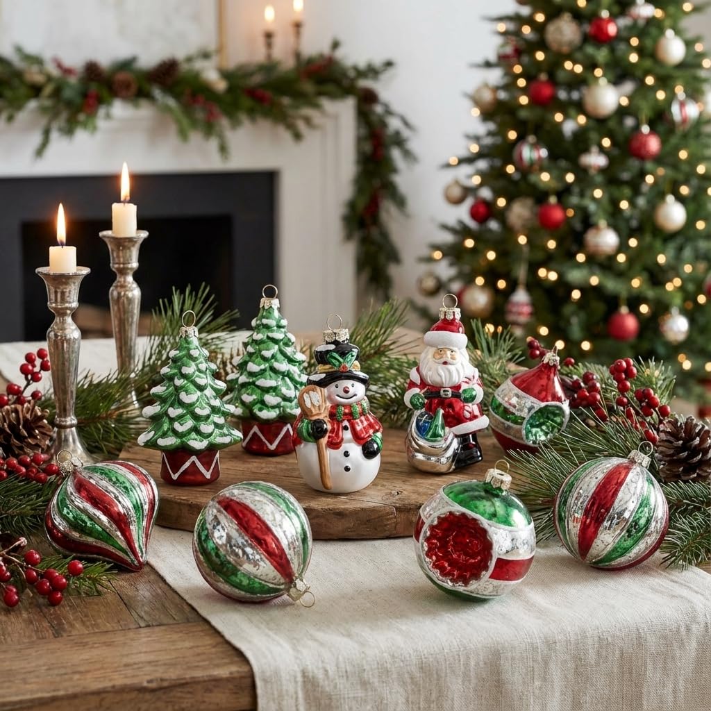 Valery Madelyn Lot de 10 Boules de Noël joyeuses en Verre avec Jupe d'arbre - Rouge/Vert/Blanc