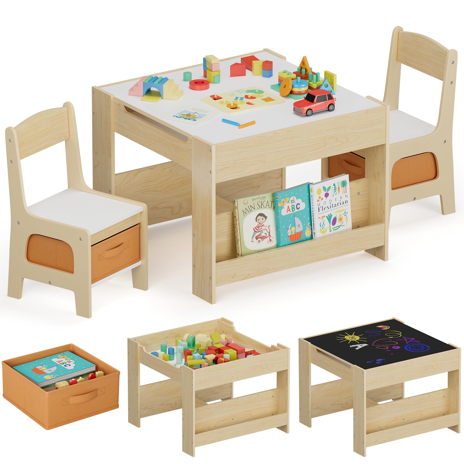 MAMIZO Kindertisch mit 2 PCS Stühlen, 3 in 1 Kinder Tisch Stuhl Set, Kindermöbel Set aus Holz mit Stauraum & Bücherregalen, Spieltisch & Aktivitätstisch, Maltisch, von 3-7 Jahren, Holzfarbe