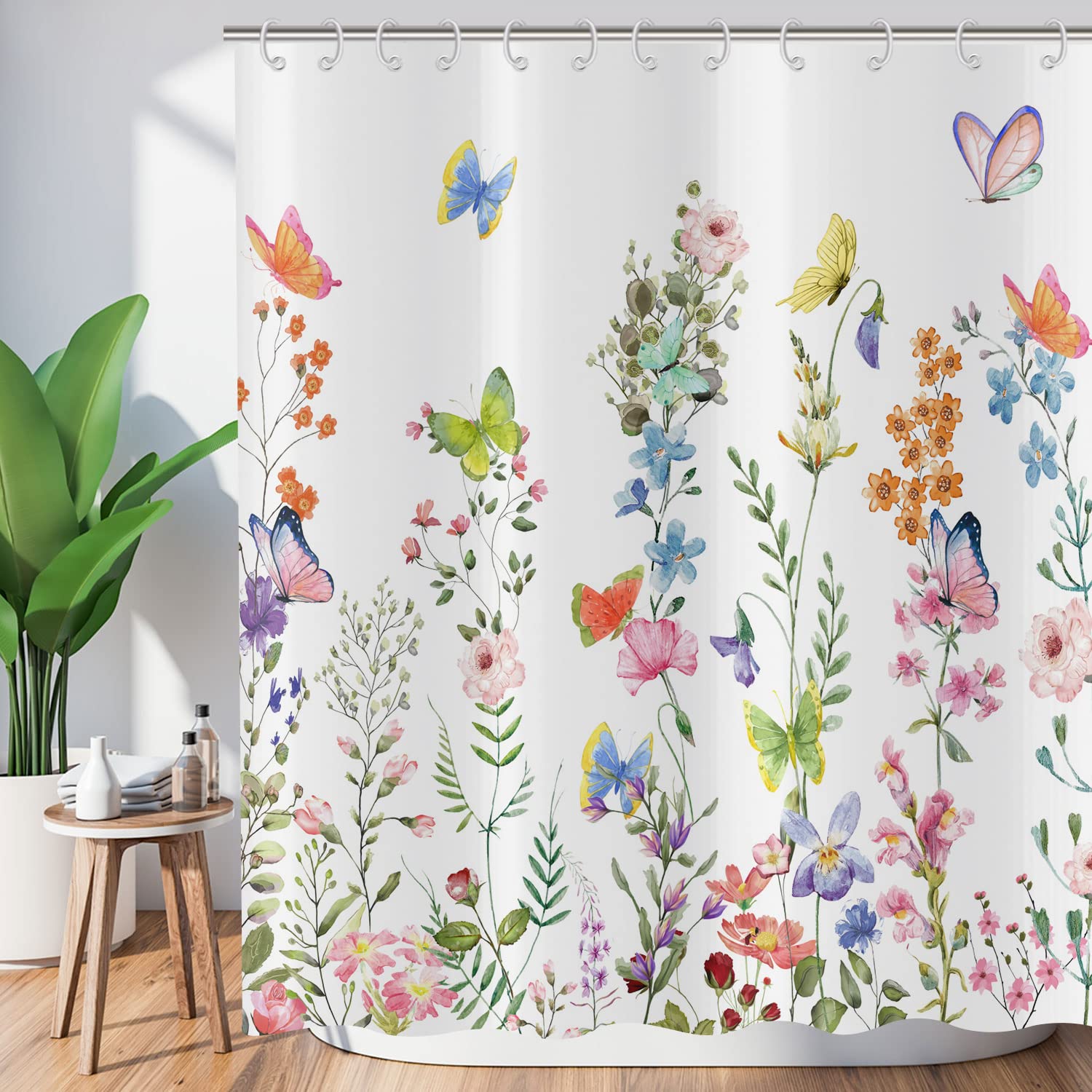 Floral Shower Curtain 180x240, Hnmdmyi Colorful Flowers Green Leaf Shower Curtains Watercolor Wildflower Plant Botanical Bathroom Curtains Waterproof Polyester Fabric Washable Bath Curtains with Hooks