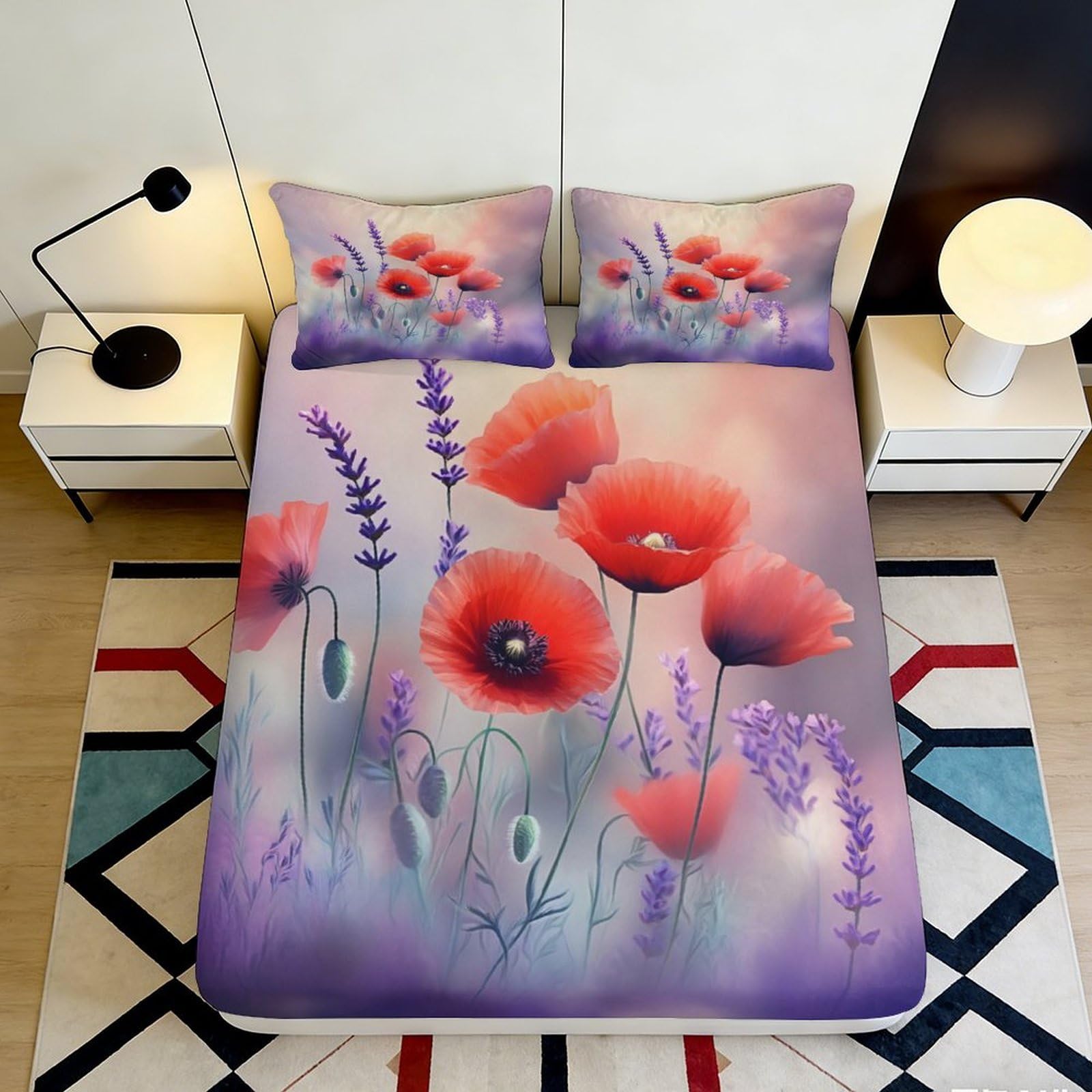 3D Printed Red Poppy Floral Fitted Sheet Microfiber Soft Breathable Lavender Mattress Cover for Bedroom Dormitory Guest Room Protection Decoration 180x200x25cm