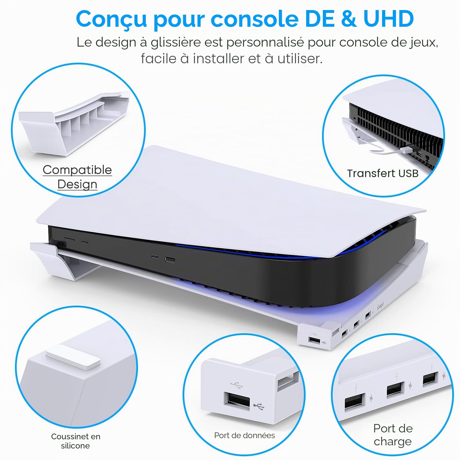 FYOUNG Support Horizontal Compatible avec PS5 Console Disc & Digital avec Port USB Étendu, Base de Support pour Accessoires de Support PlayStation 5 avec Mads Antidérapants (Pas pour PS5 Slim/Pro)