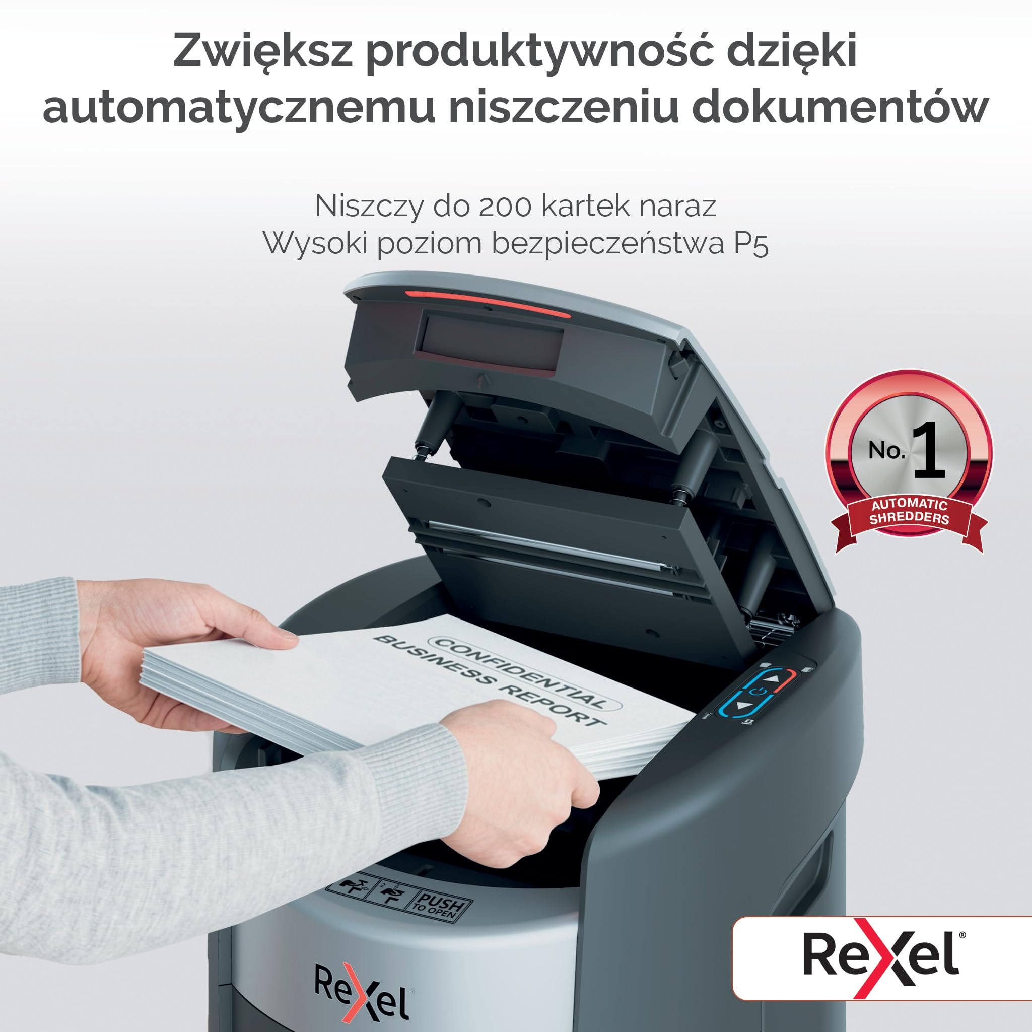 Rexel ShredMax AutoFeed+ 200M automatyczna niszczarka mikrościnki P5 | Niszczarka biurowa, zgodna z RODO, rotacja kosza, 200 arkuszy A4, kosz 21 l, <55 dBA, 30 min pracy, home office