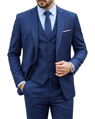 MY'S Men's 3 Piece Suit Set with Tie, One Button Slim Fit Solid Jacket Vest Pants, Prom Party Wedding Business Suits for Men
