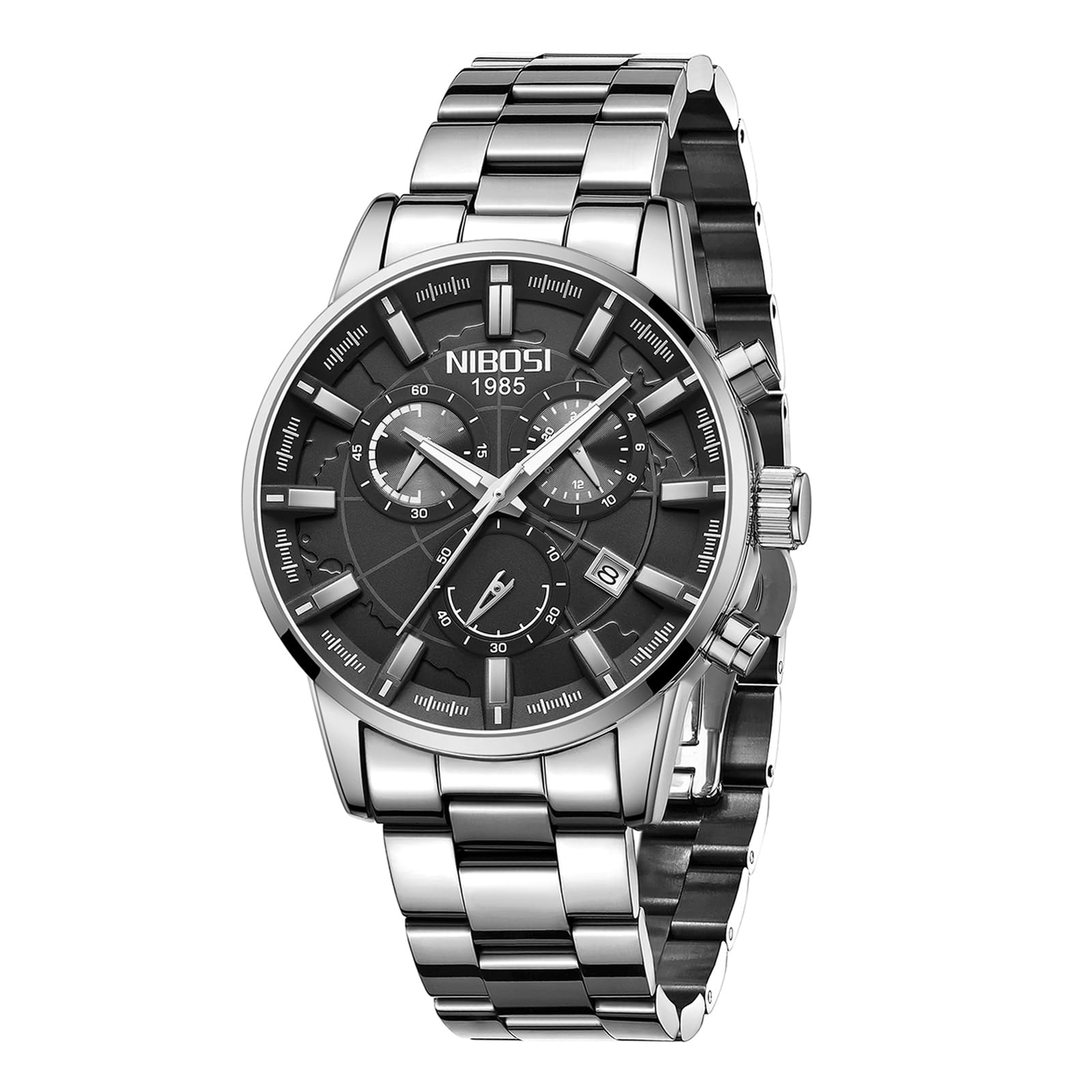 NIBOSI Men Watches Analog Business Chronograph Casual Watches Military Waterproof Stainless Steel Wrist Watches for Boy, Black Dial, Silver Band (B0CFL7H2RN) Amazon Price History, Amazon Price Tracker
