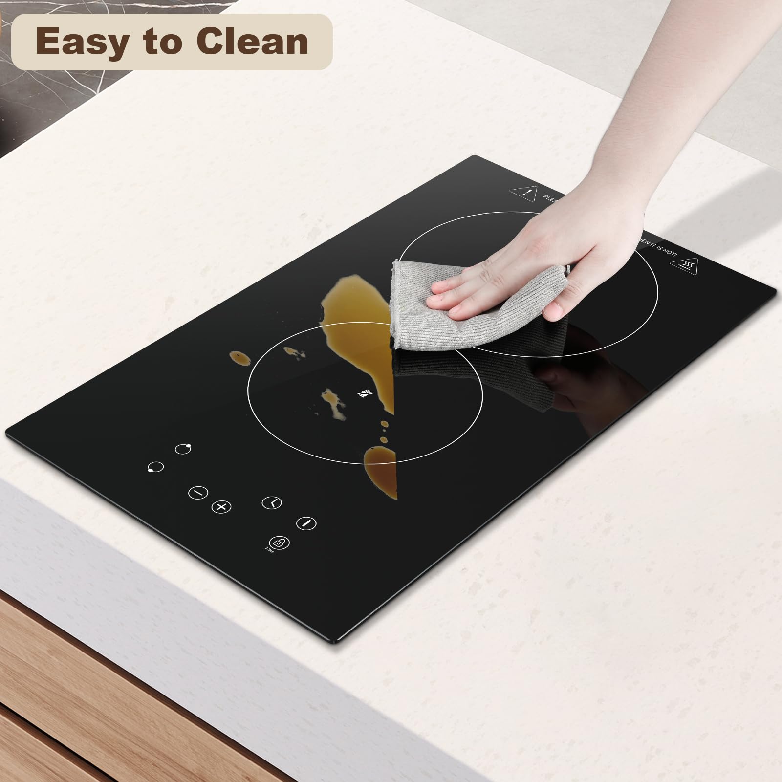 KICHPOWER Ceramic Hob 2 Zones, Electric Plug in Hob 30cm 2 Burners, 2800W, 9 Power Levels, 1-99 min Timer, Residual Heat Indicator, Child Safety Lock, compatible with All Pans & Pots — view 9