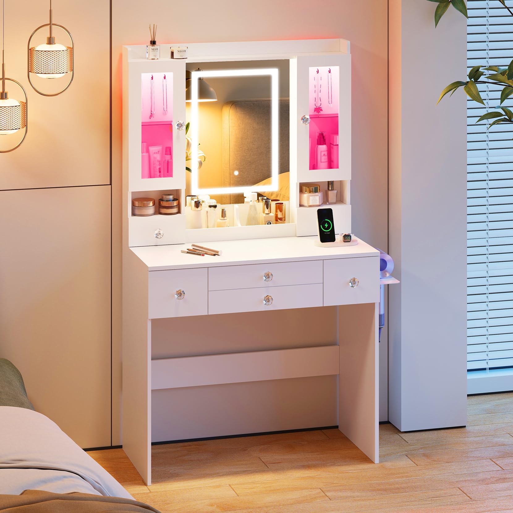 Dripex Coiffeuse Miroir LED, Vitrine RGB, 5 Tiroirs, Blanc 80cm | Multiprise intégrée avec ports USB, Support sèche-cheveux latéral, 3 modes d'éclairage LED : chaud, neutre, froid