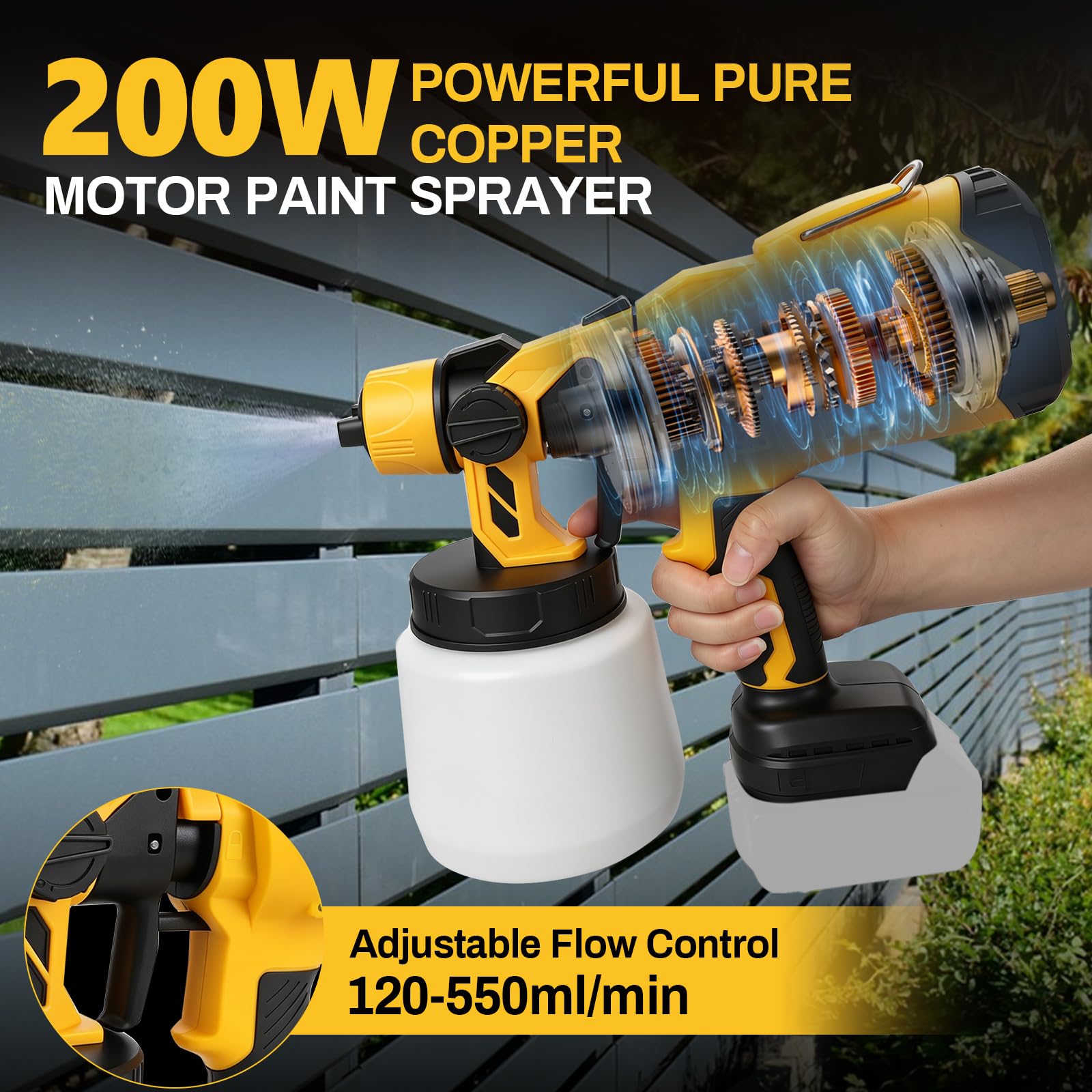 Kabellose Farbspritzgerät Kompatibel mit Dewalt 18V-20V Akku, 200W Farbspritzpistole mit 1000ML Behälter und 4 Düsen, Elektrische Tragbare Spritzpistole für Zäune, Wände, Möbel (Gelb)