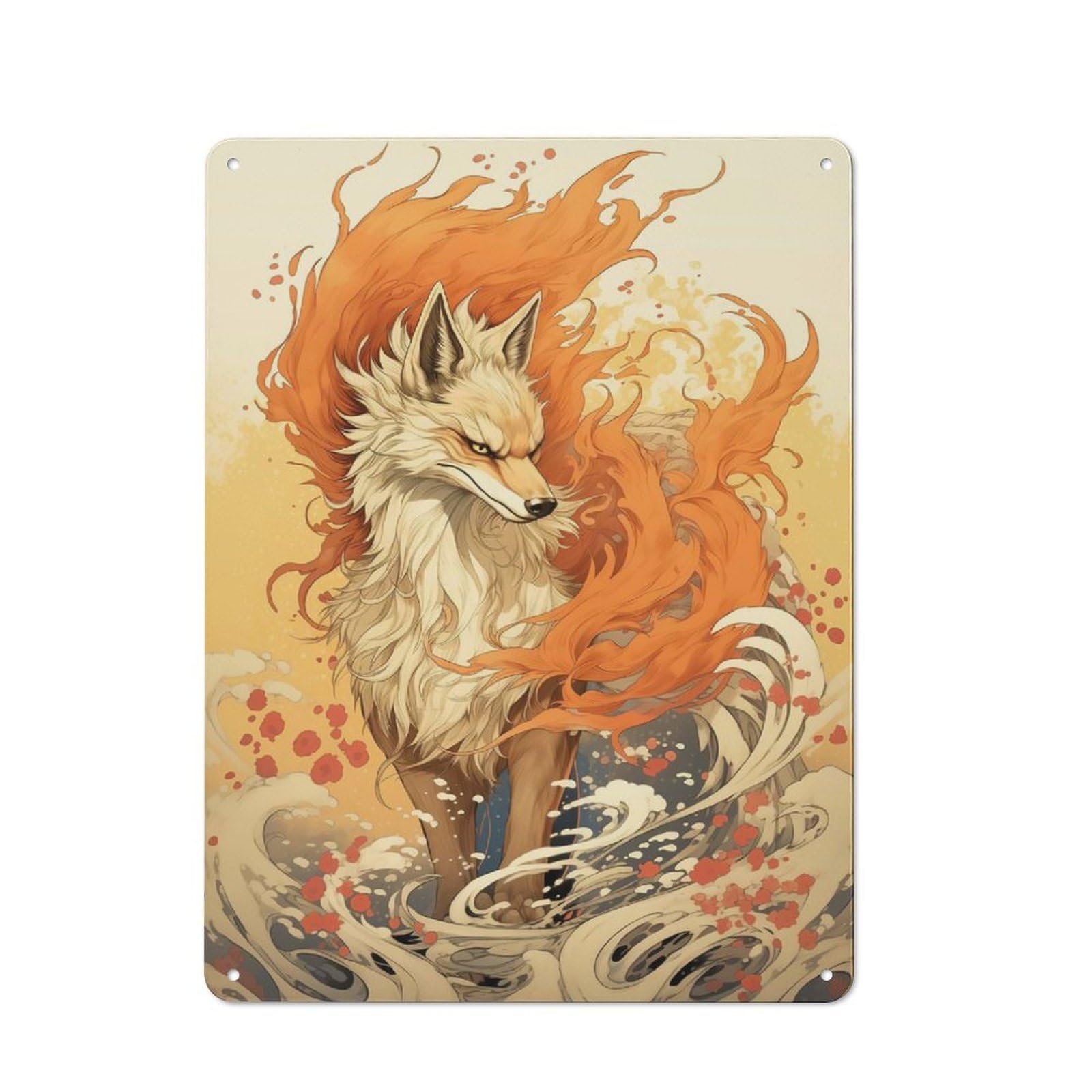 Junmoney Style-23 Metal Wall Sign 40X30cm Featuring Dance Of The Kitsune Fox For Hallway Wall, For Hallway Decor Lovers, For Retro Home Interiors