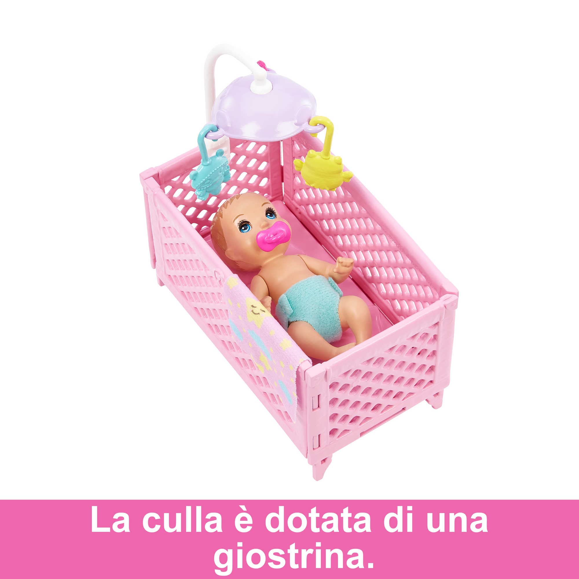 Barbie – Bambola Barbie Skipper Babysitter Nanna, playset con bambola e bebè con occhi assonnati che si aprono e si chiudono e accessori a tema, Giocattolo per Bambini 3+ Anni, HJY33