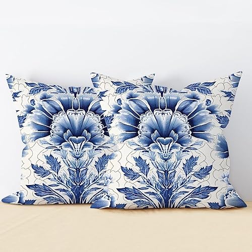Miniatura 3 de Zyadsinoudor Blue and White Cairo Throw Pillowcase Set of 2 Traditional Oriental Cushion Cases 20x20in Decorative Pillow Home Cotton Linen Elegant