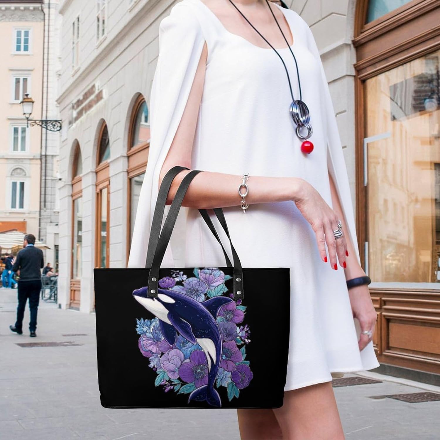 Ballena Orca Killer Whale Flowers Women's Tote Leather Handbag Shoulder Bag Purse for Shopping Travel