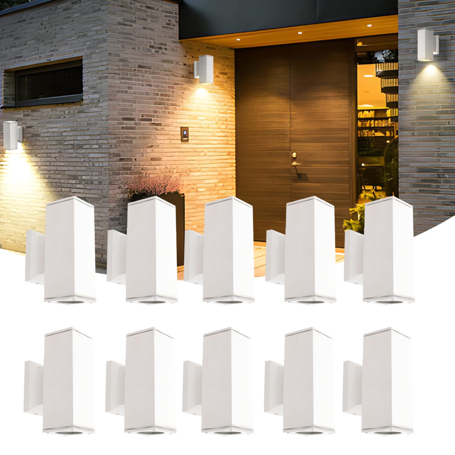 Aigostar 10x Aplique de Pared Exterior/Interior IP65 – Pack 10 Unidades para Terraza, Jardín, Entrada, Pasillo, Balcón. Luz Arriba/Abajo, Aluminio, Cristal Templado, GU10 (No Incluye Bombilla), Blanco