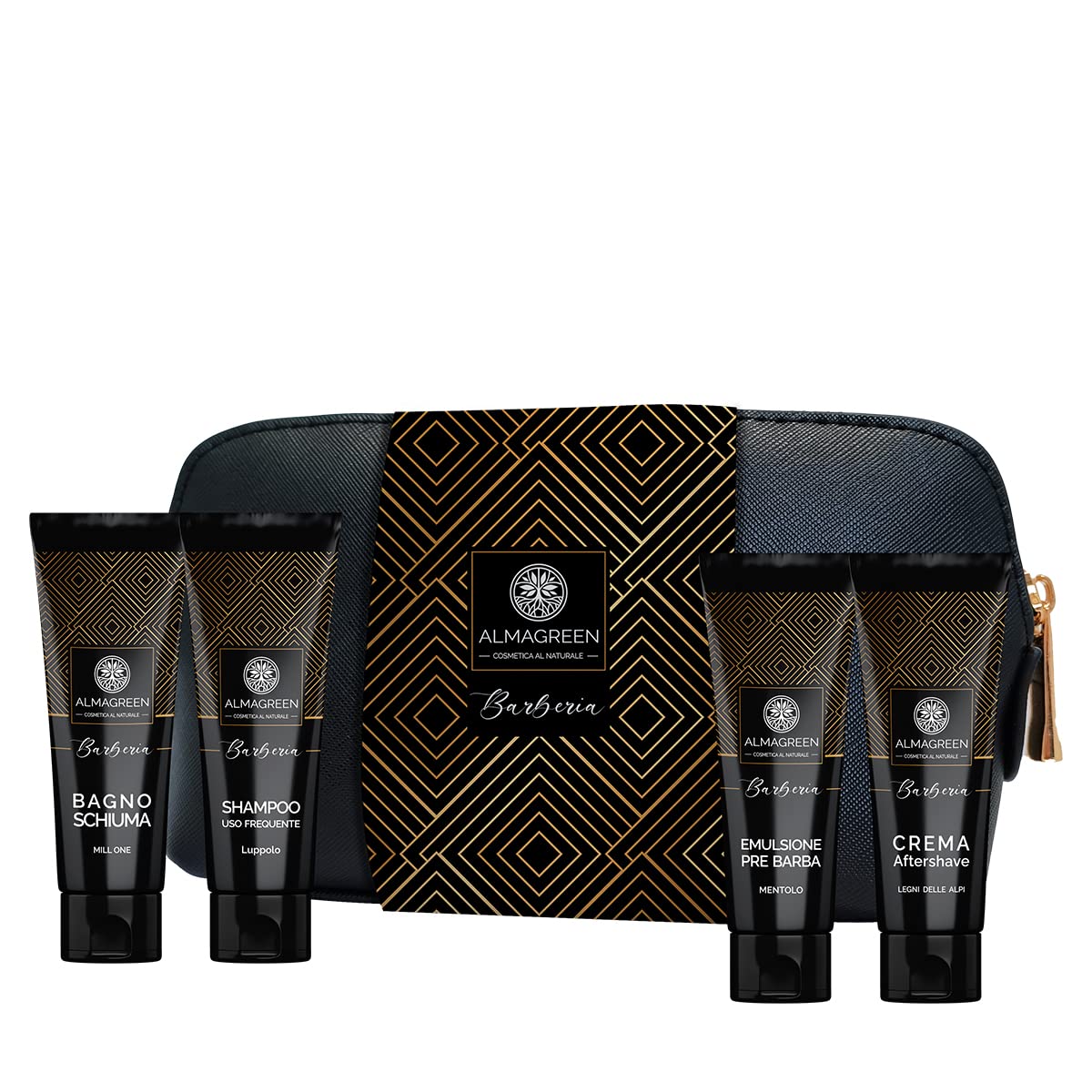Almagreen Box/Set idea Regalo per Uomo e Papà: Kit Corpo e Capelli composto da Bagnoschiuma, Shampoo con Luppolo, Emulsione Pre-Barba, Crema Aftershave dopobarba