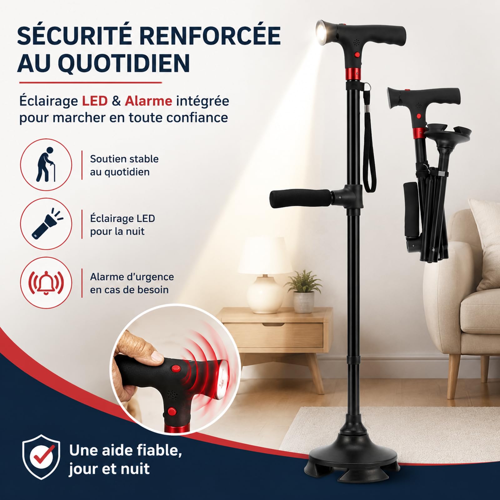 Astuvita Canne de Soutien avec Éclairage LED et Alarme de Sécurité - Canne de Marche Ergonomique et Lumineuse - Poignée Astuvita Confort - Aide à la Mobilité pour Senior - Pliable et Stable
