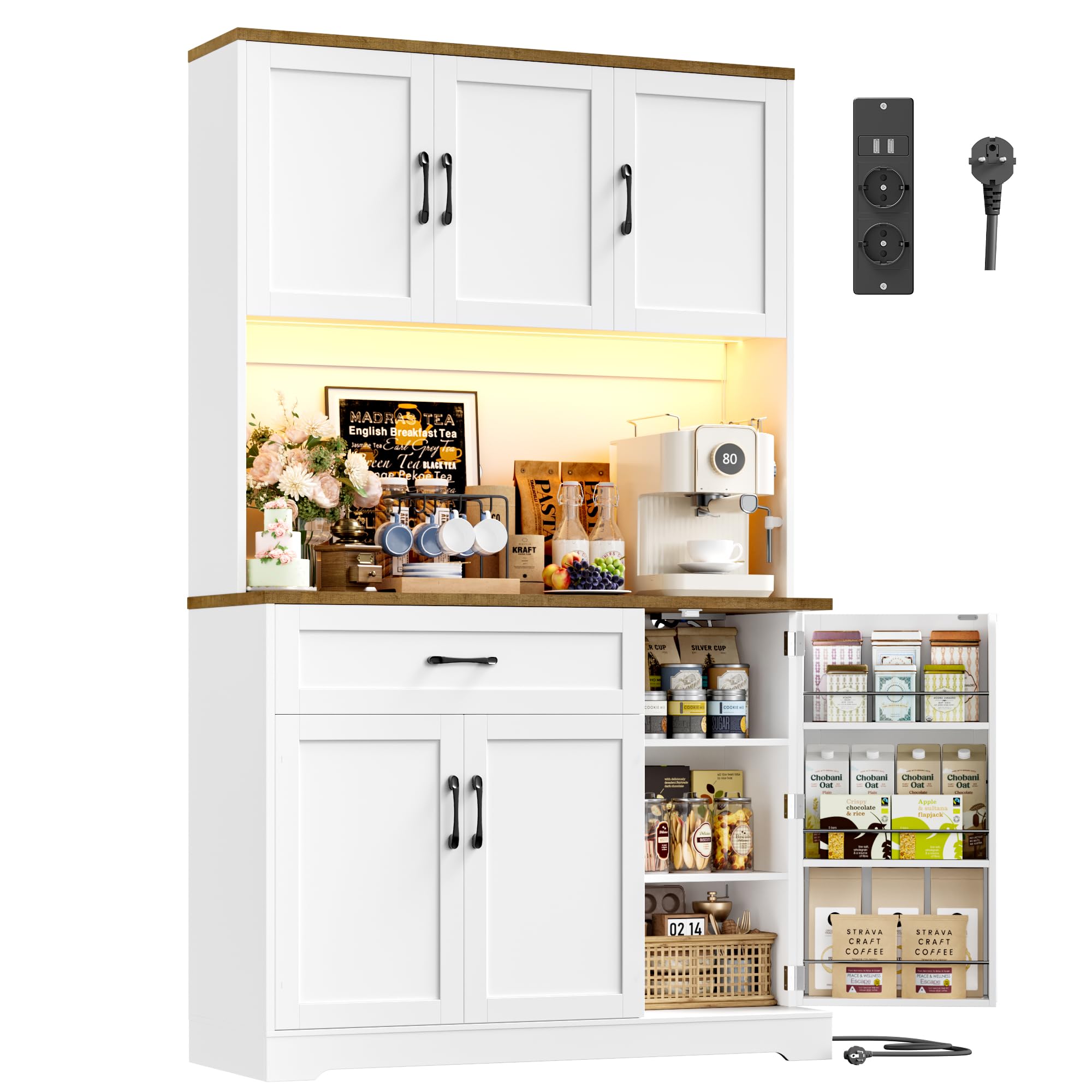 FirFurd 180.5 cm Mobile Cucina, Credenza Cucina Alta con Presa Integrata e Luce LED, Credenza con Porta Spezie, Ripiani Regolabili, Ampio Piano di Lavoro, 100.2x38.6x180.5 cm, Bianco
