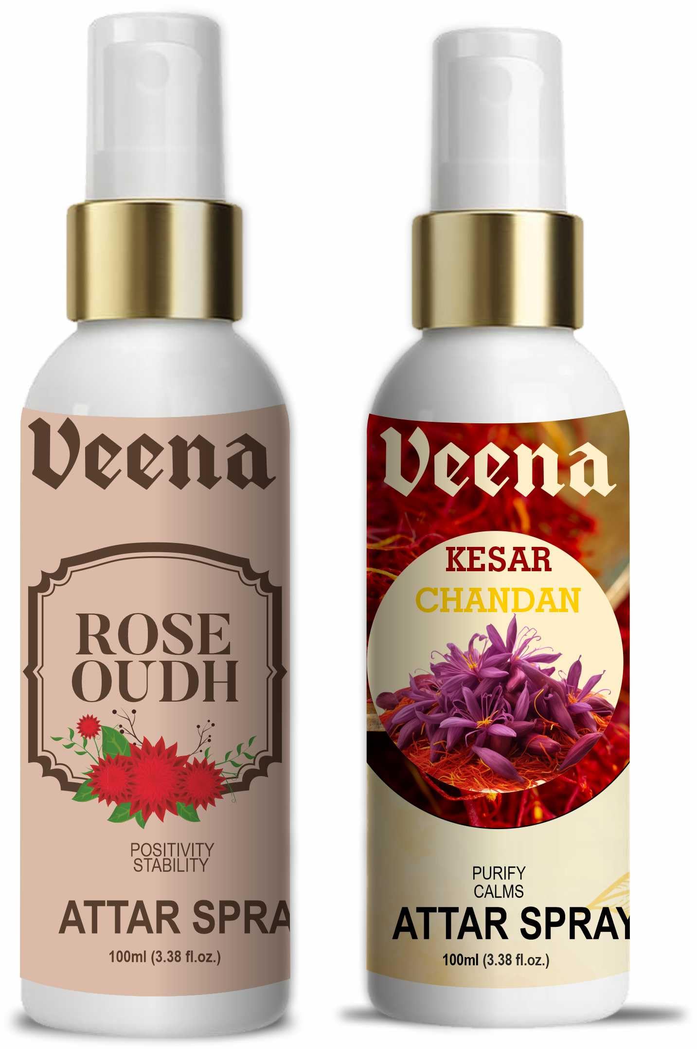 Veena Combo Attar Spray Perfume Personal & Pooja Use Rose Oudh & Kesar Chandan 100ml Pack of 2-image-6