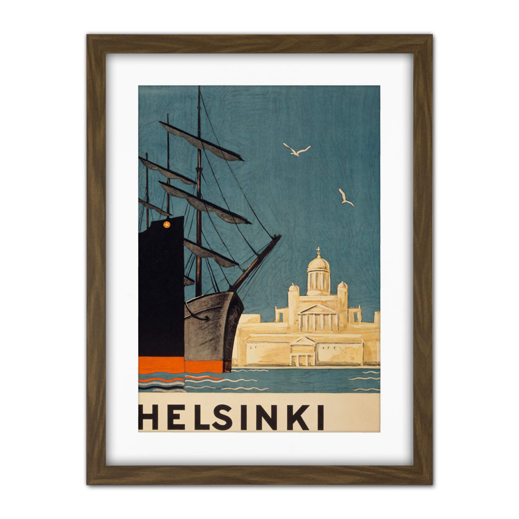 Wee Blue Coo Framed Brown 18X24 Finland Helsinki Cathedral Ships Artwork Framed Wall Art Print 18X24 Inch