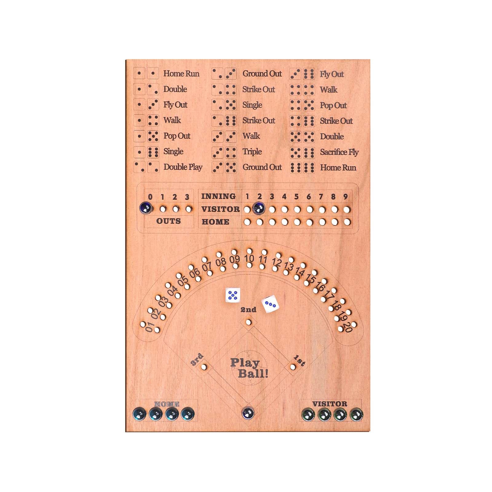 Baseball Dice Board Game, 14.96x9.84in Baseball Dice Game Wood Board Fun Wooden Pinball Board Game with 2 Dice 12 Marbles Interactive Desktop Sport Board Games for Adults Kids Family Friend Party