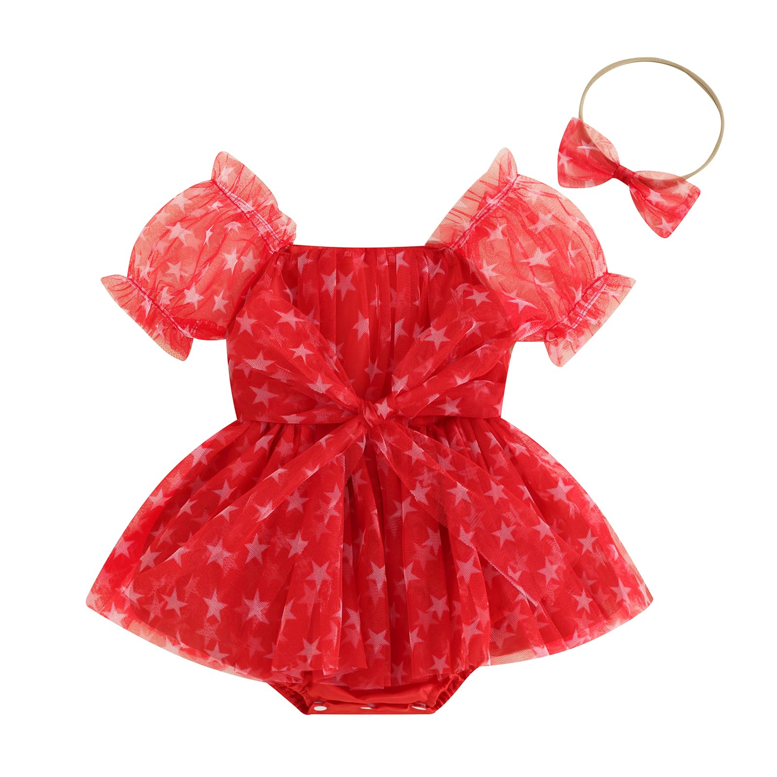 Lamuusaa Newborn Baby Girl 4th of July Outfit Lace Off Shoulder Romper Dress Star Bodysuit Jumpsuit with Headband (Red, 6-12 Months)