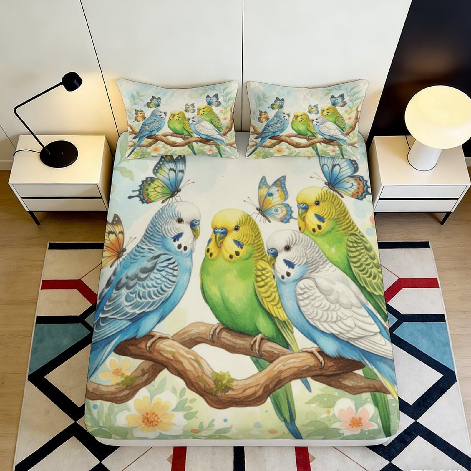 3D Printed Parrot Branch Fitted Sheet Microfiber Soft Blue Green Bird Bed Cover for Bedroom Guest Room Decor 90x200x25cm
