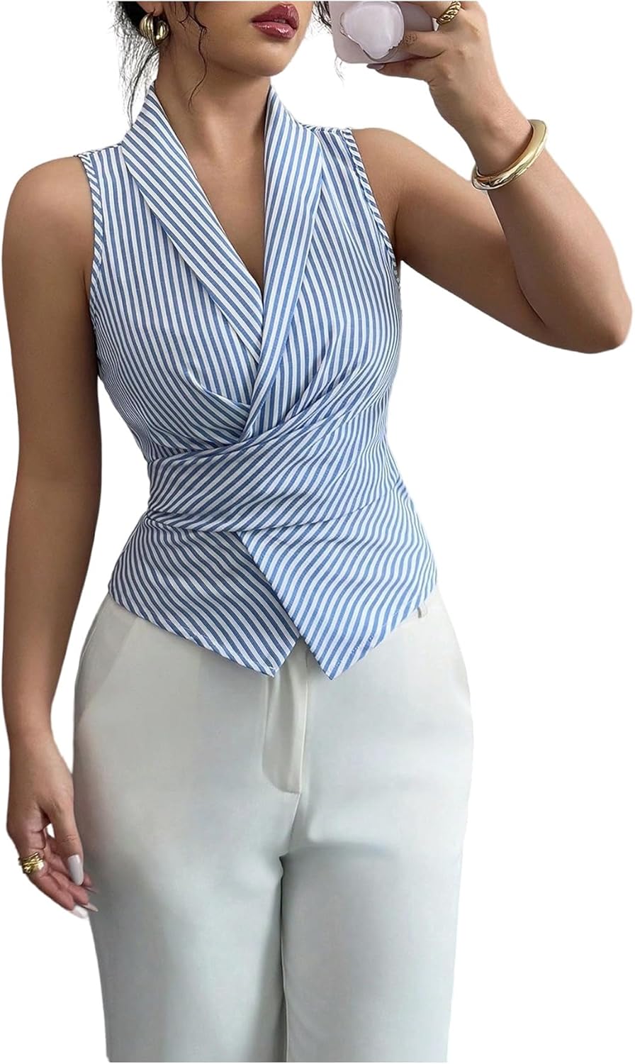 SOLY HUX Women's Sleeveless Striped Shirt Collared V Neck Bow Tie Business Blouses Tank Top