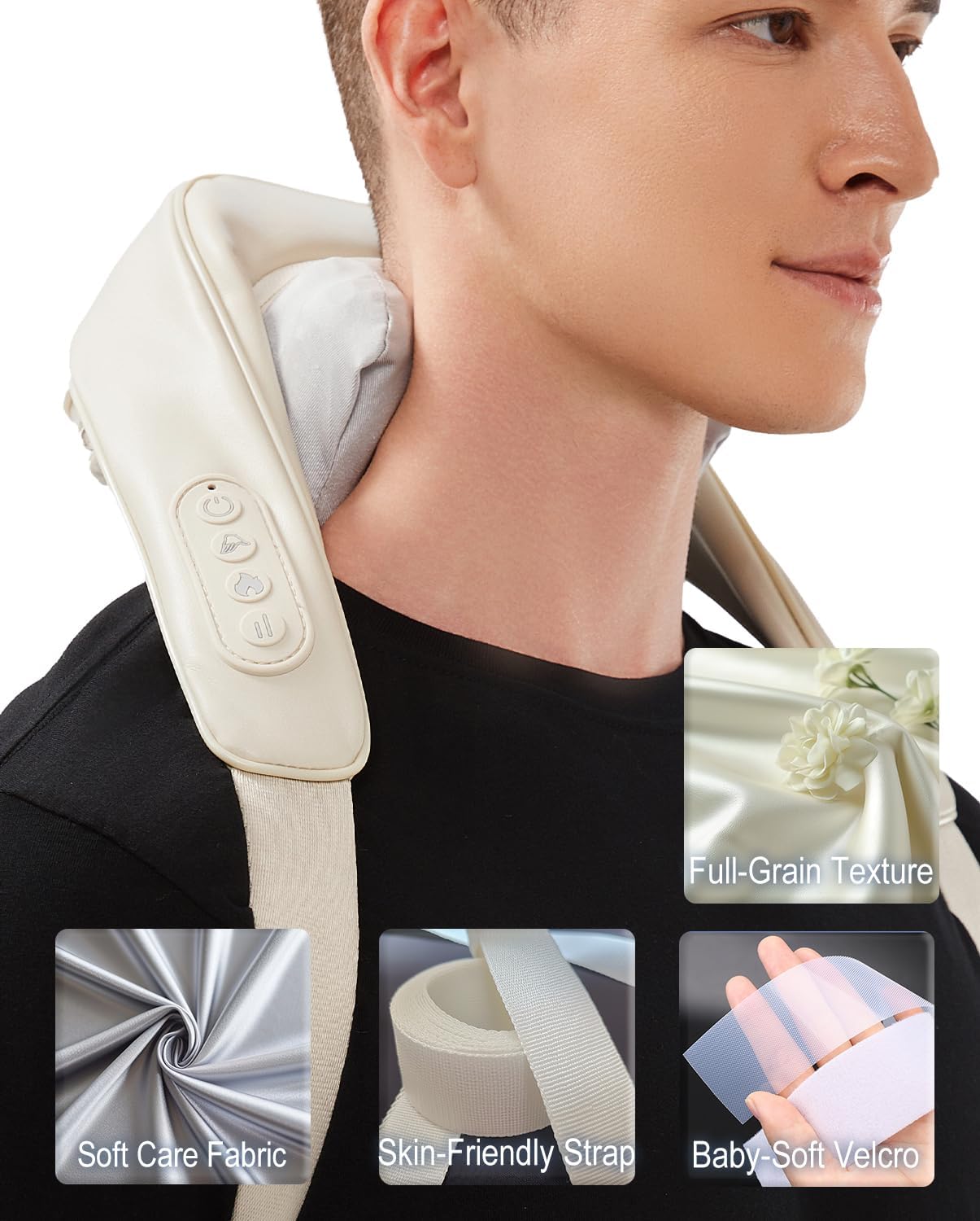 Close-up of the HZC Neck Massager showing its soft care fabric, skin-friendly strap, and baby-soft velcro.