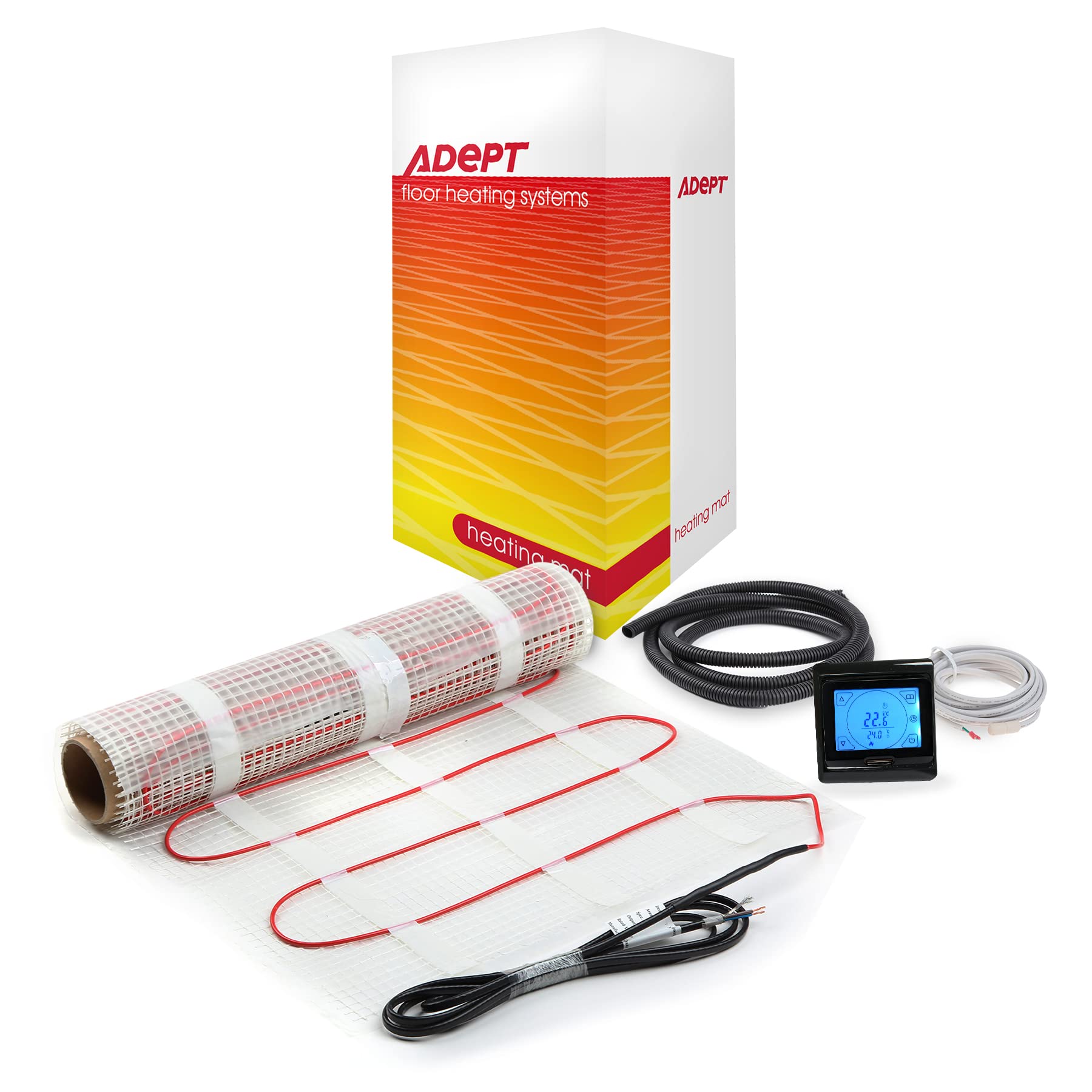 Adept Premium Electric Underfloor Heating Mat Kit 200W per m² with Self Adhesive Backing for Under Tile or Stone Floors - 5m2 Kit - Black Touchscreen Thermostat