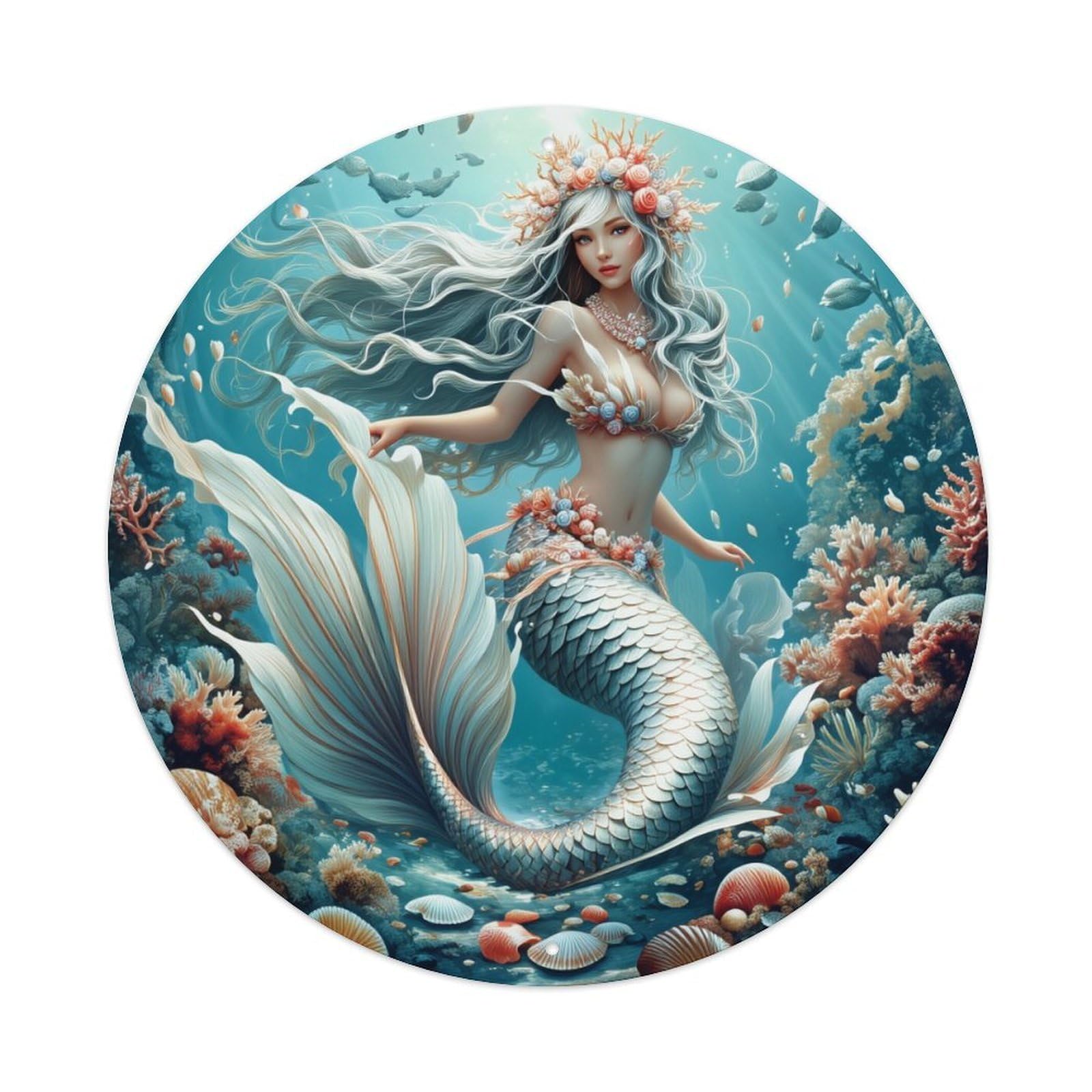 Mermaid Coral Ocean Fantasy Art Round Tin Sign Vintage Metal Poster, Home Bar Garage Man Cave Cafe Indoor & Outdoor Wall Decoration 8x8Inches
