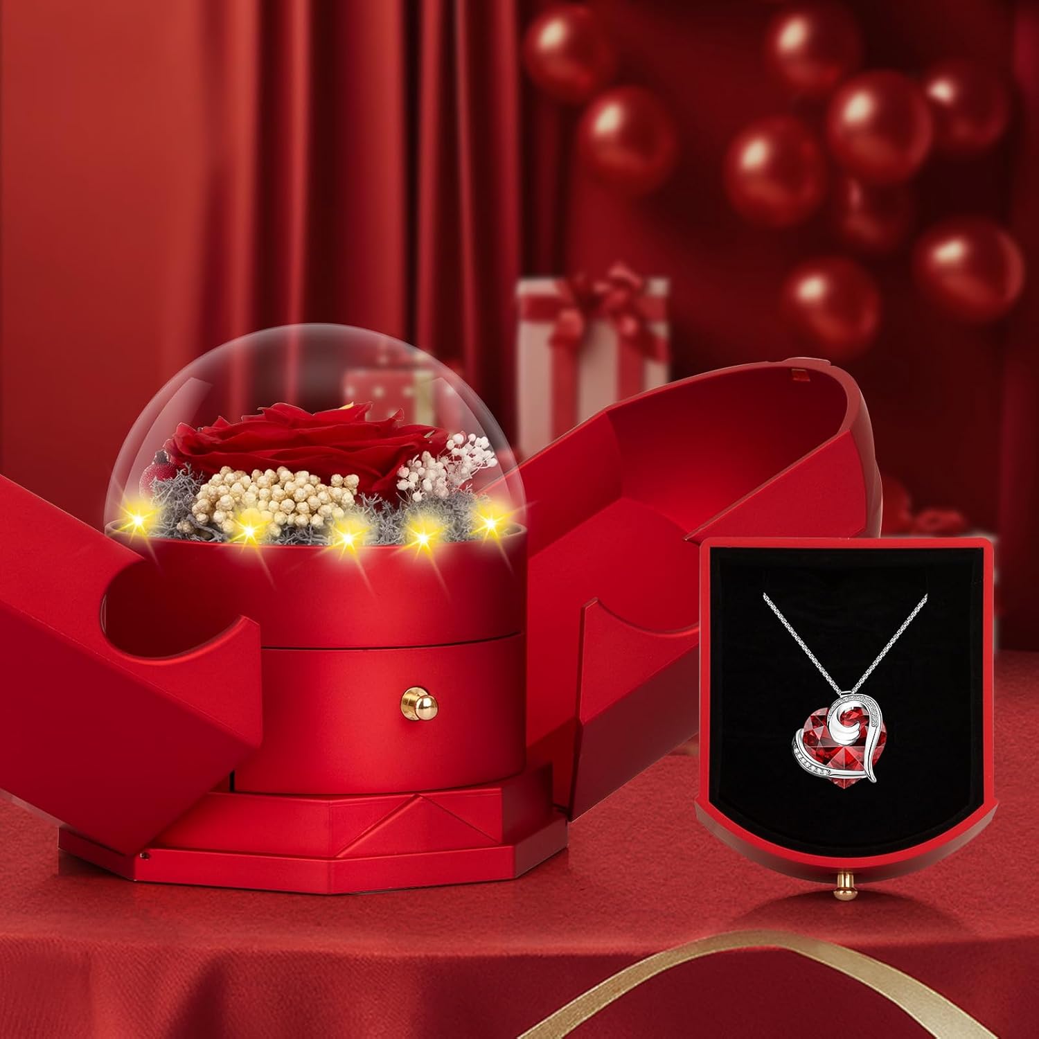 Preserved Real Red Rose with Necklace Forever Flowers Rose Valentines Day Gifts for Her Wife Girlfriend Women Mom Grandma on Valentines Mothers Day Sweetest Day Christmas Anniversary Romantic-Red - Image 3