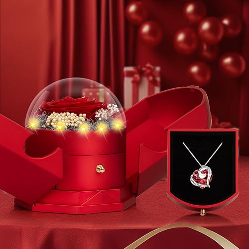 Miniatura 3 de Rosa roja real preservada con collar, flores para siempre, regalos de cumpleaños para mujeres, su madre, esposa, novia, abuela en San Valentín, día