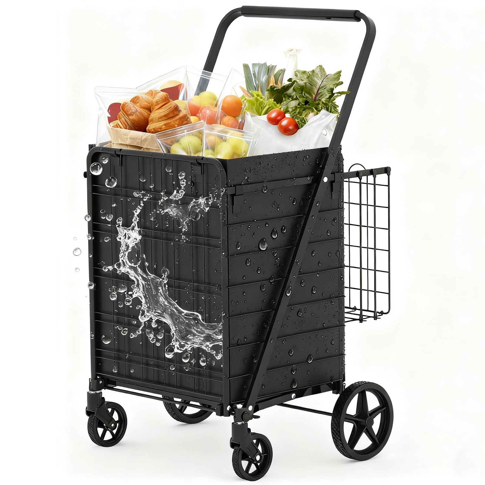 Folding Shopping Cart with Waterproof Liner, Grocery Cart on Wheels Collapsible Shopping Utility Cart with 360° Rolling Wheels for Groceries Laundry,