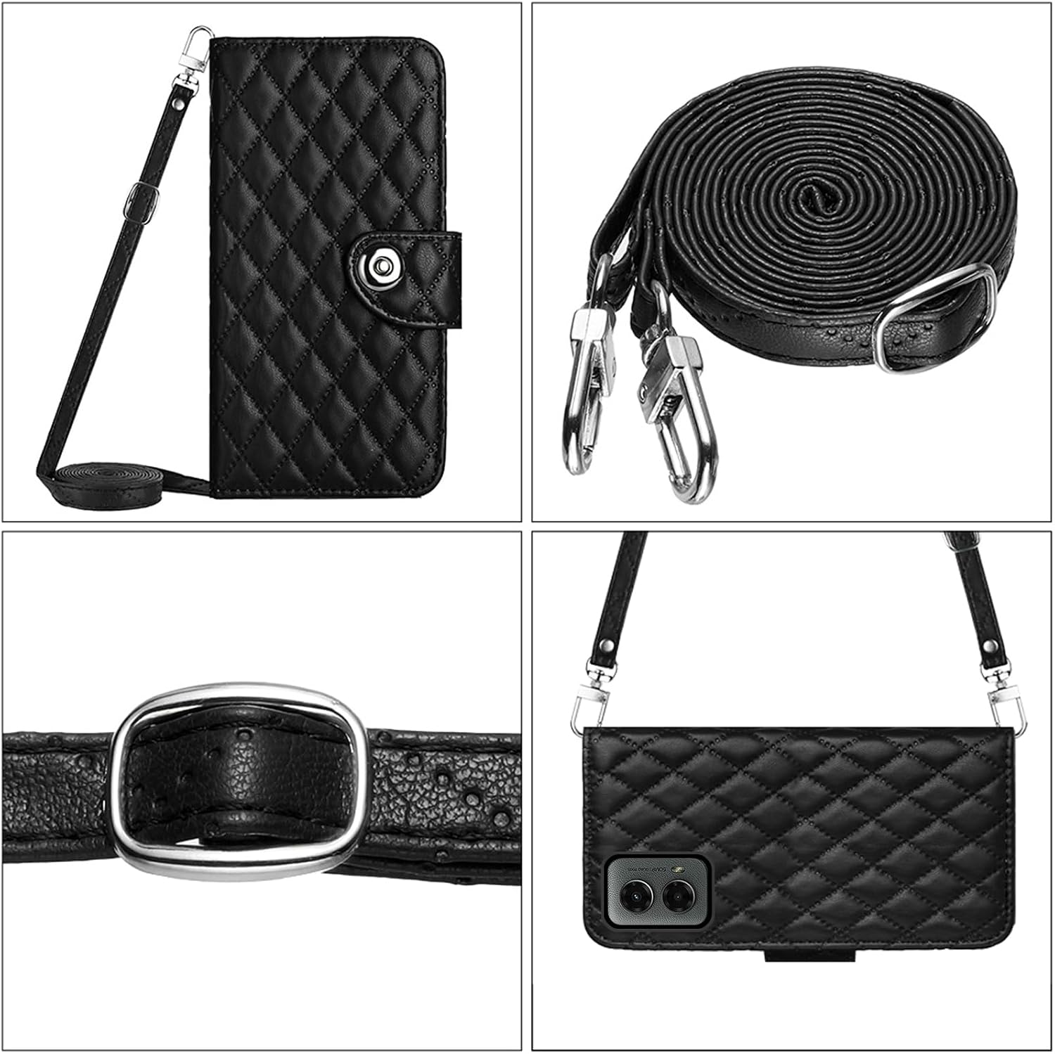 Wallet Case for Motorola Moto G 5G 2024/Moto G Play 2024 4G with Wrist Strap Crossbody Shoulder Strap, Argyle Pattern PU Leather Flip Credit Stand Cell Phone Cover for G5G G5 Girls Women Black