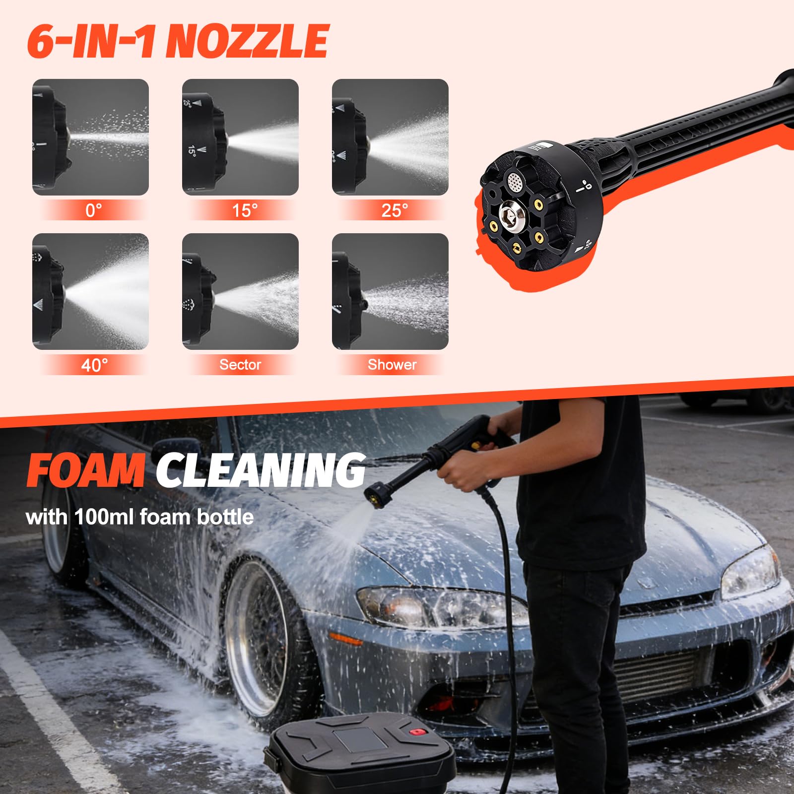 Idropulitrice portatile con serbatoio da 13 l, idropulitrice pieghevole ad alta pressione ugello 6 in 1 Pulitore elettrico portatile per esterni Tubo da 7 m, idropulitrice mobile 660 PSI per