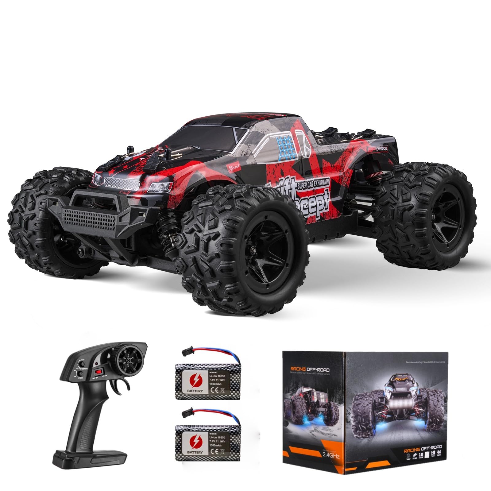 VEVOR Remote Control Car 1:18 Scale RC Car for Adults, 36 km/h High Speed, All Terrain Waterproof IPX4 Electric 4WD Off-Road Monster Truck with 2 Batteries Hobby RC Truck Xmas Gift for Adult and Boys