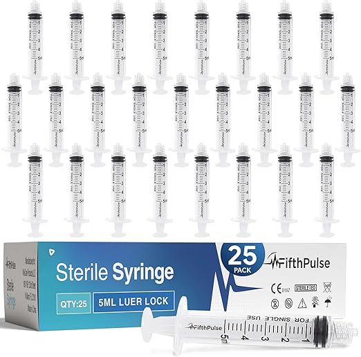 5 ml Syringe without Needle - 25 Pack of Individually Wrapped Disposable Syringes - Good for Medical, Scientific Lab, Home Use, and More - Sterile Luer Lock Syringes