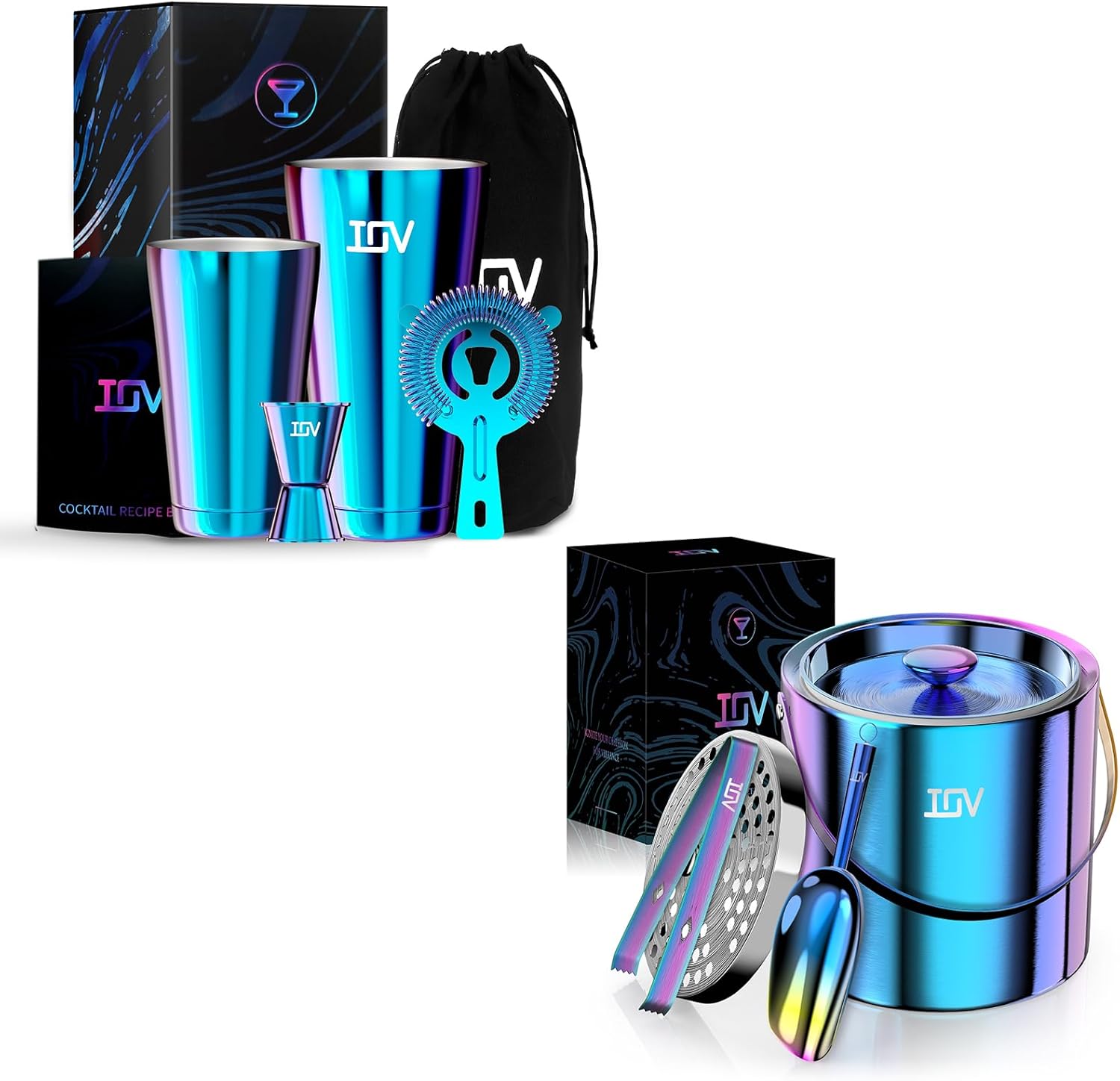 IOV Boston Cocktail Shaker Bar Set and and Ice Bucket Set, 3 L Stainless Steel Double Wall Ice Bucket with Lid, Scoop, Tongs, and Strainer, Bartender Kit with 18 oz & 28 oz Boston Shakers