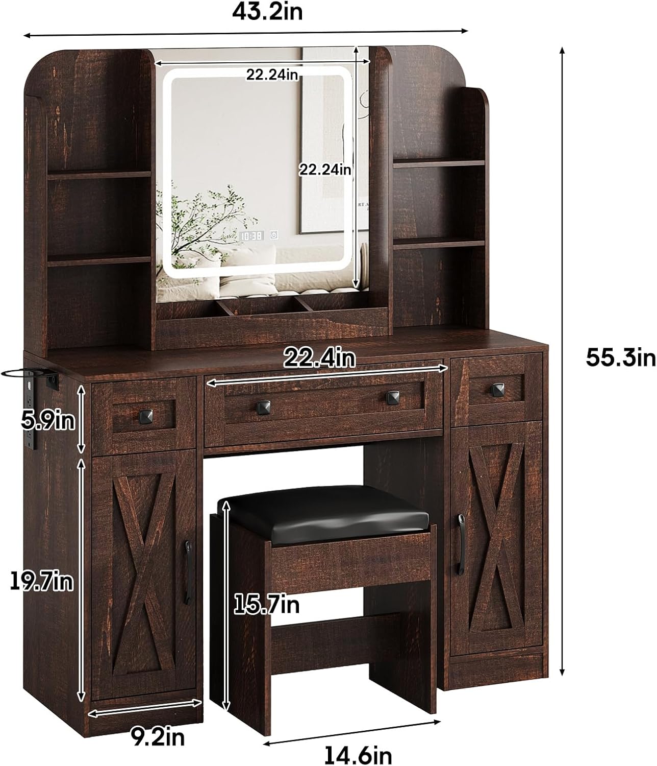 Vabches Vanity Desk with detailed dimensions