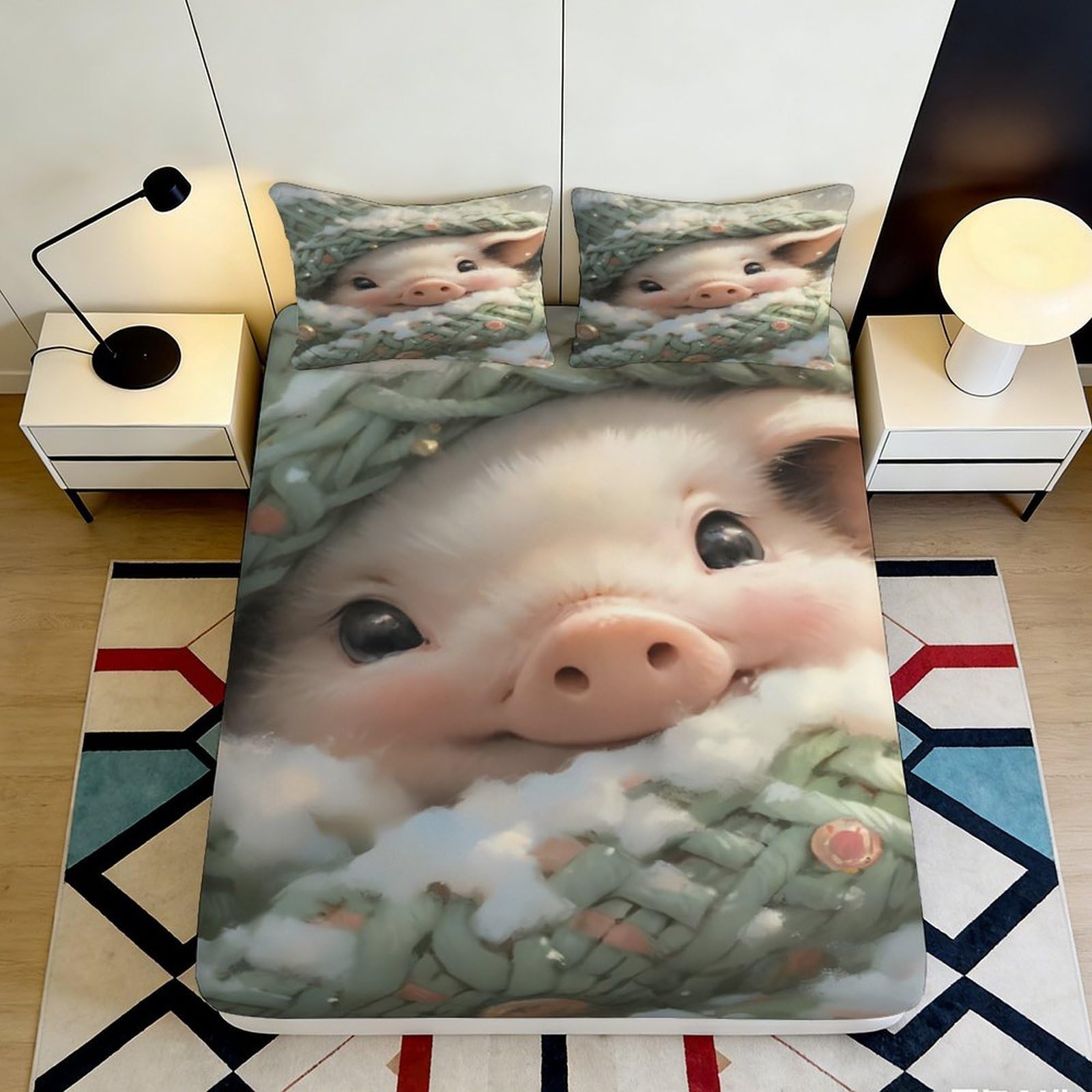 3D Printed Cute Piggy Fitted Sheet Microfiber Soft Bedroom Decor Animal Pattern Mattress Cover for Home Guest Room 90x200x25cm