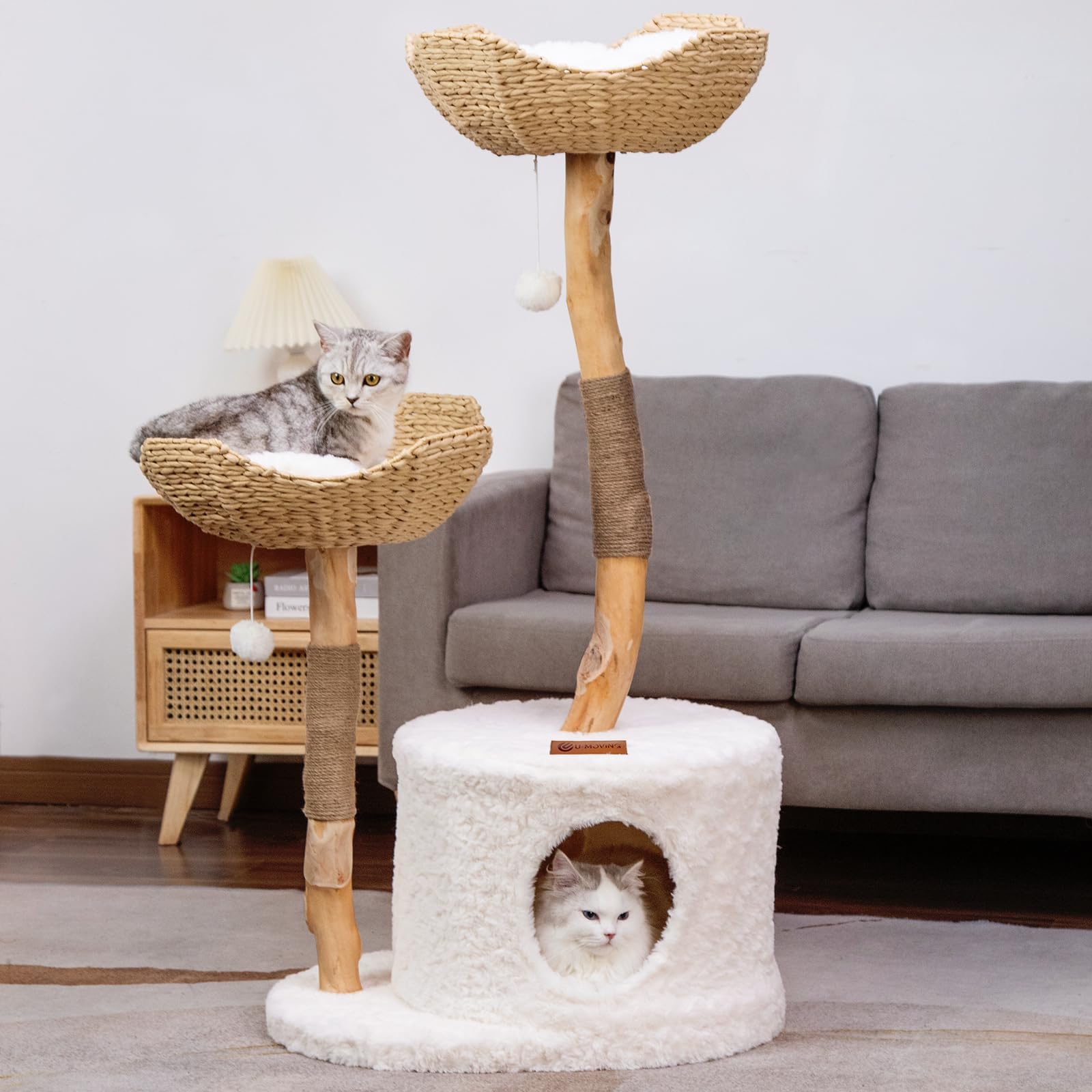 U-Moving 46" Natural Wood Cat Tree for Large Cats โ Modern Feline Tower with Scratching Posts, Real Branch Design & Luxury Gift for Cat Lovers