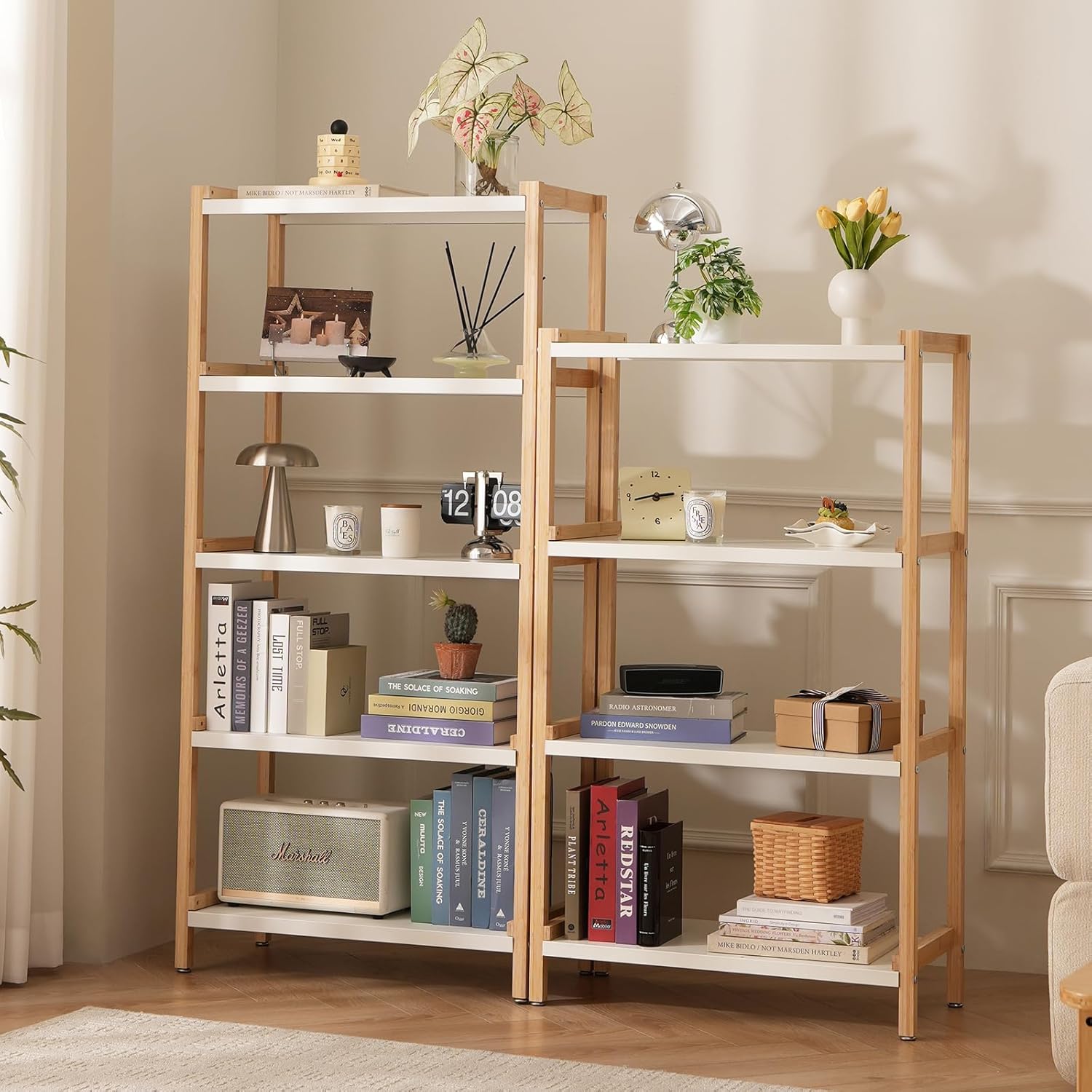 Open Shelf Bookcase - 4-Tier Floor Standing Display Bookshelf Multifunctional Display Stand for Home and Office White Shelf Bamboo