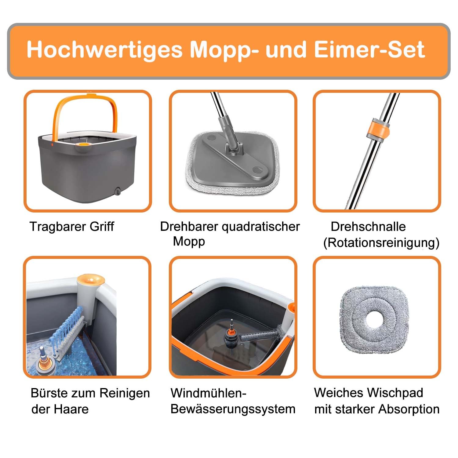 Bodenwischer Wischmopp Set Spin Mopp und Eimer Set mit 6 Mikrofaser-Mopppads mit Selbsttrennendem Schmutz und Frischwassersystem Selbstauswringendem um 360°Drehbarem Quadratischem Moppkopf
