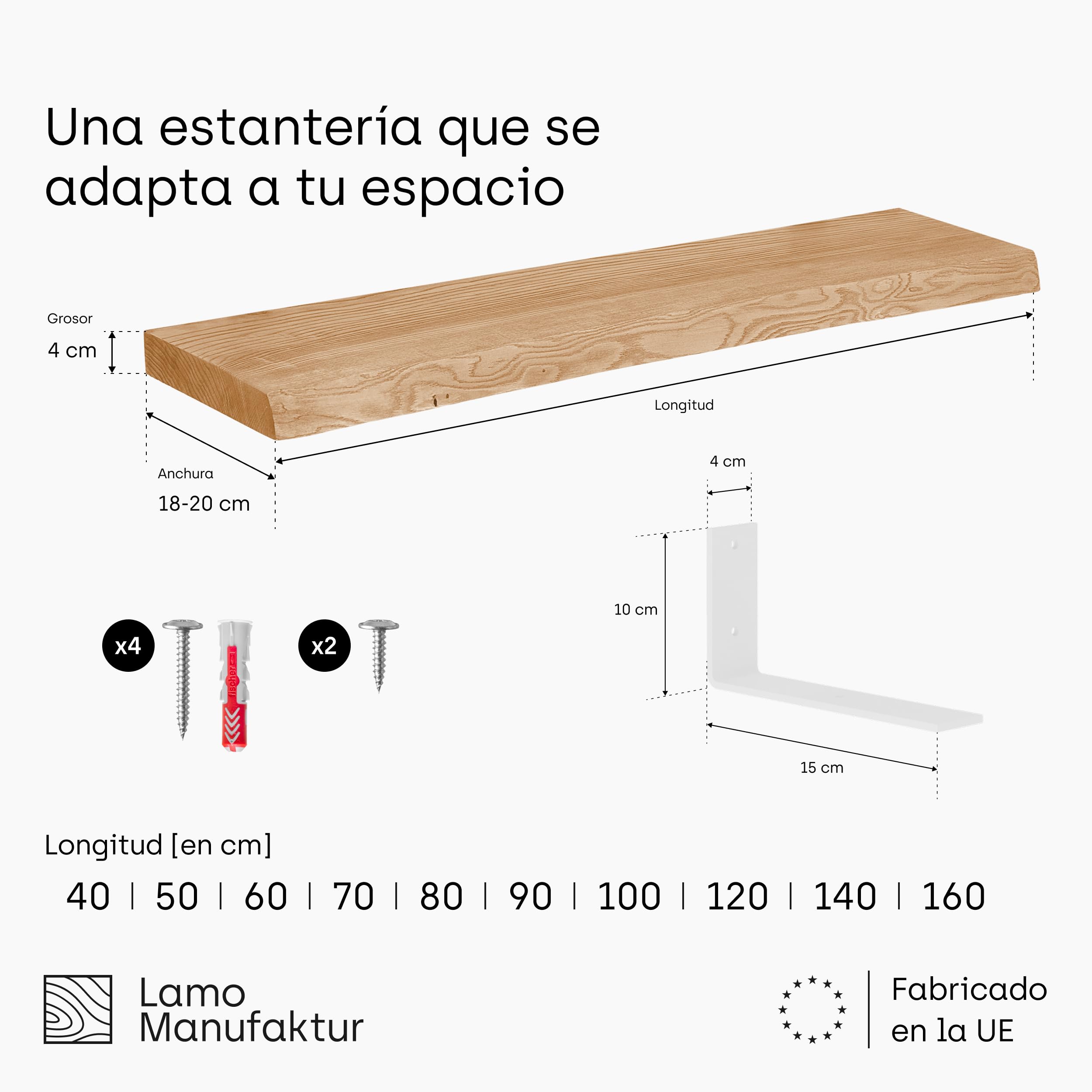 LAMO Manufaktur Estantería de Pared con Soportes Blancos en Forma de L | Estantería Larga Madera 160cm para baño, Pasillo, Cocina Estilo Industrial | Color: Nogal, Borde: Natural | Madera Maciza
